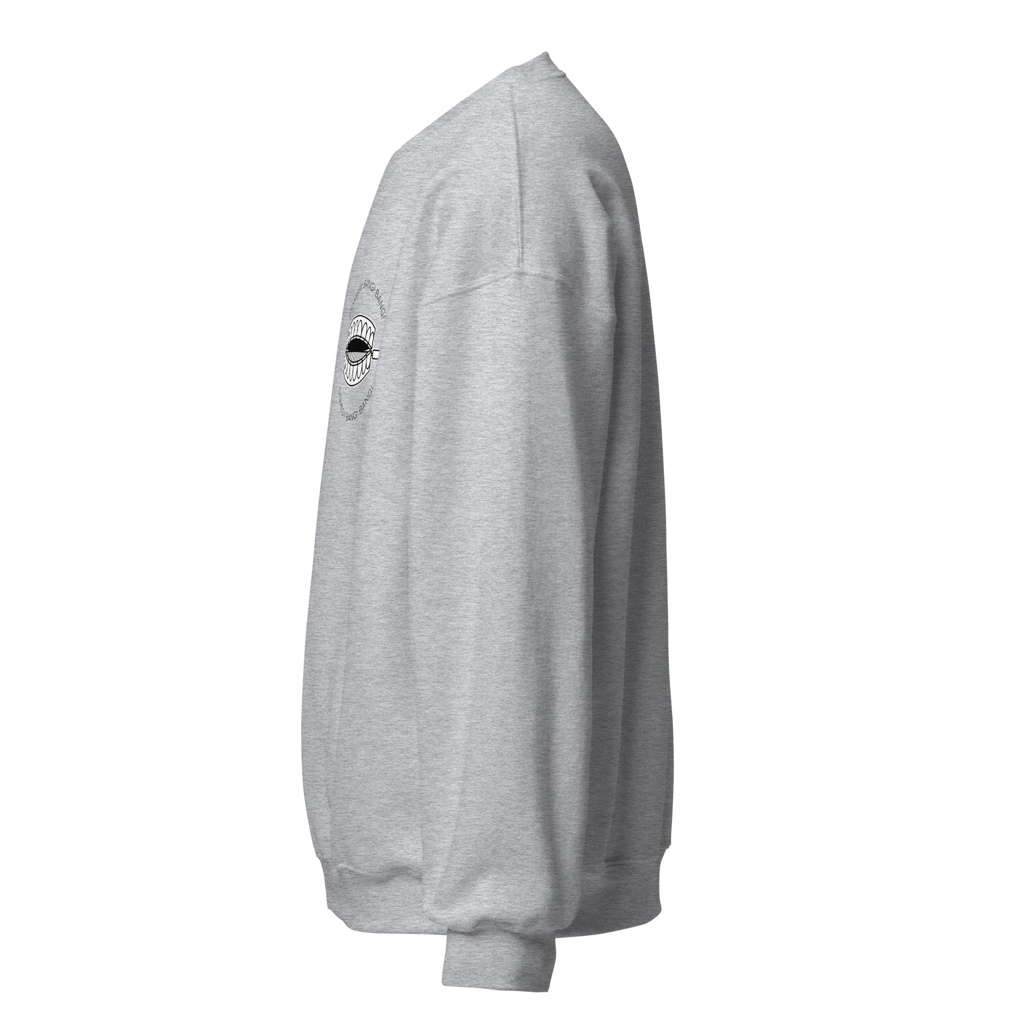 Left sleeve view of light gray sweatshirt partially featuring design shown on the side.