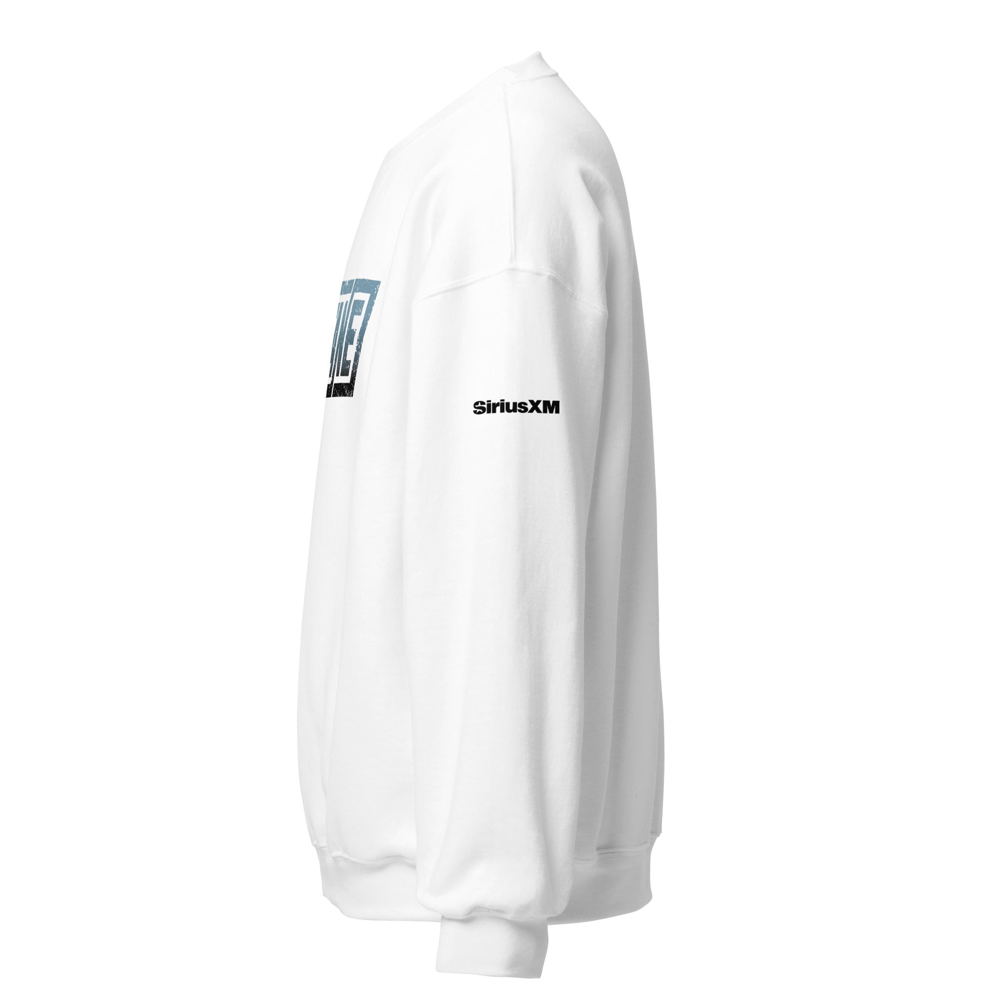 White sweatshirt with graphic design on the front and 'SiriusXM' logo on the sleeve.