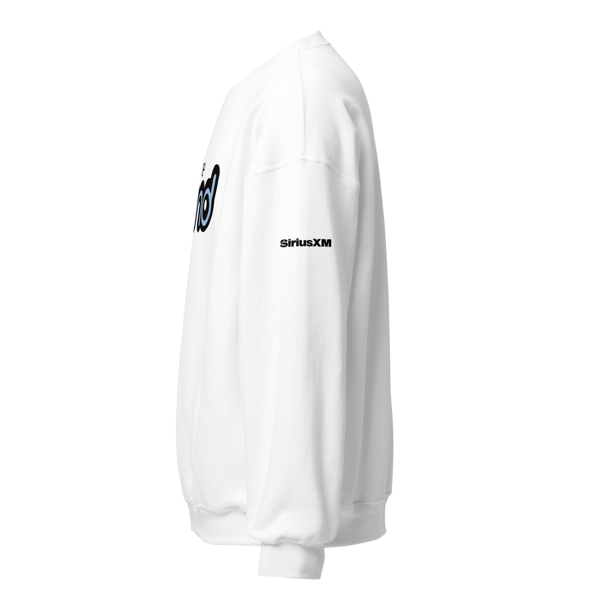 Side view of a white sweatshirt featuring the black 'SiriusXM' logo on the sleeve.