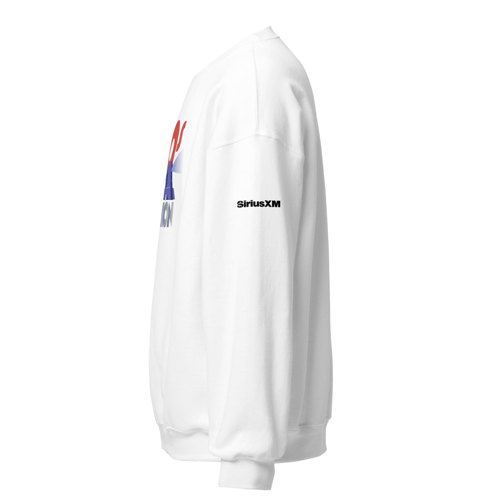 White sweatshirt with black 'SiriusXM' text on the left sleeve.