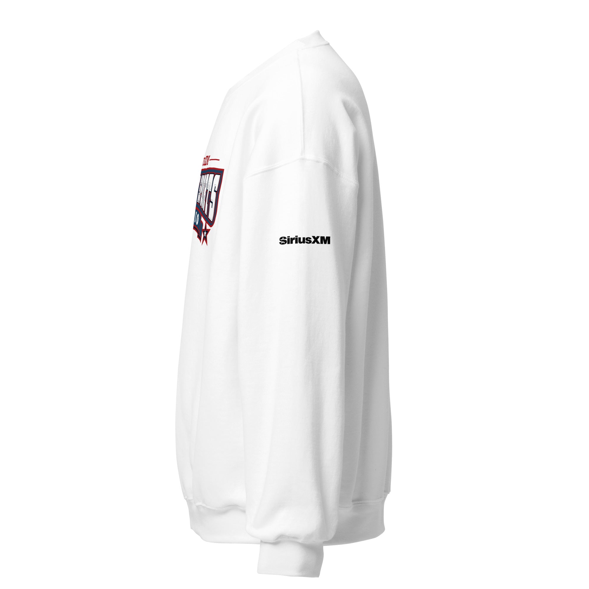 White sweatshirt featuring a black 'SiriusXM' logo on the sleeve.