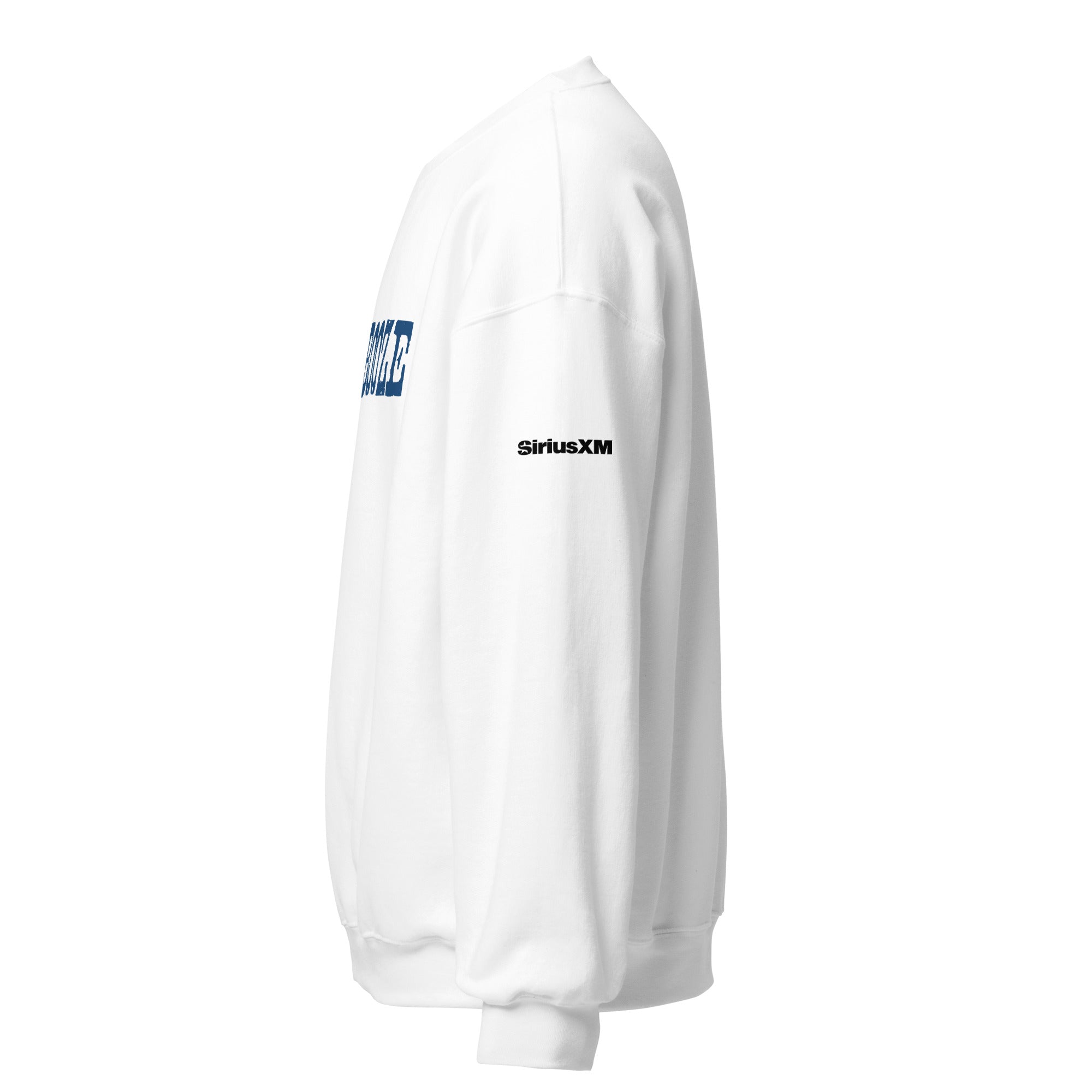 White sweatshirt featuring 'SiriusXM' logo on the sleeve, displayed from the side.