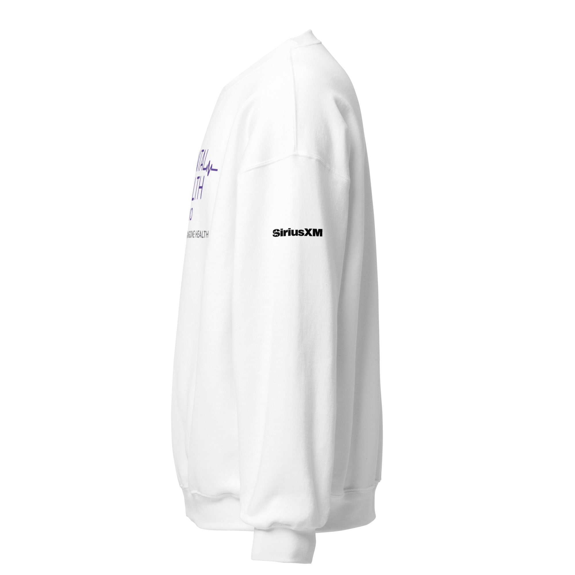 White sweatshirt featuring text and a logo on the sleeve.