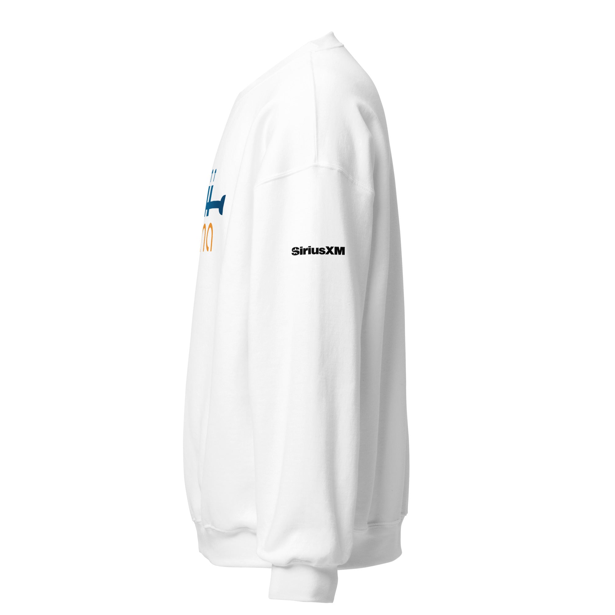 White sweatshirt featuring a colorful design and 'SiriusXM' logo on the sleeve.