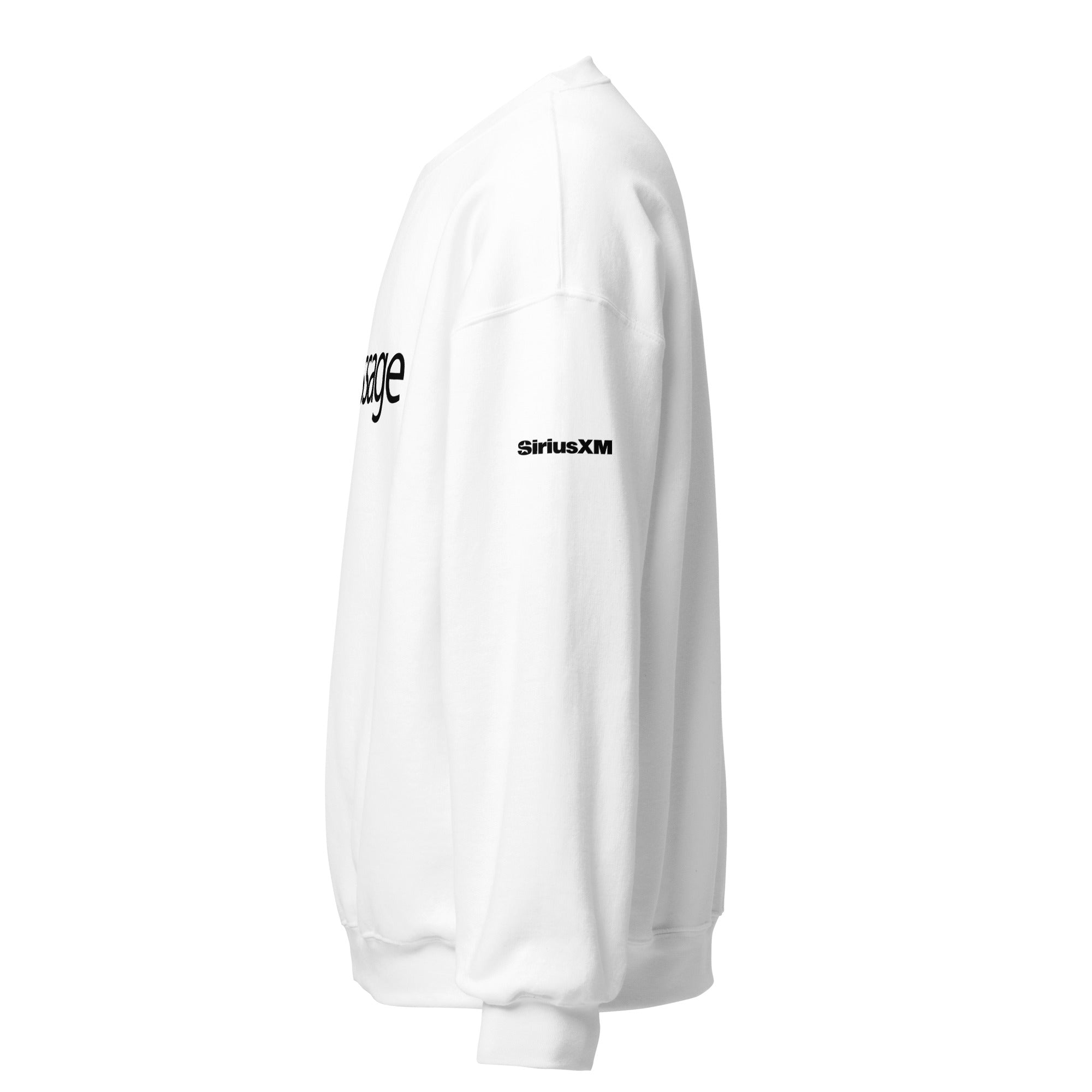 White sweatshirt with black text 'message' on the front and 'SiriusXM' on the sleeve, shown from the side.