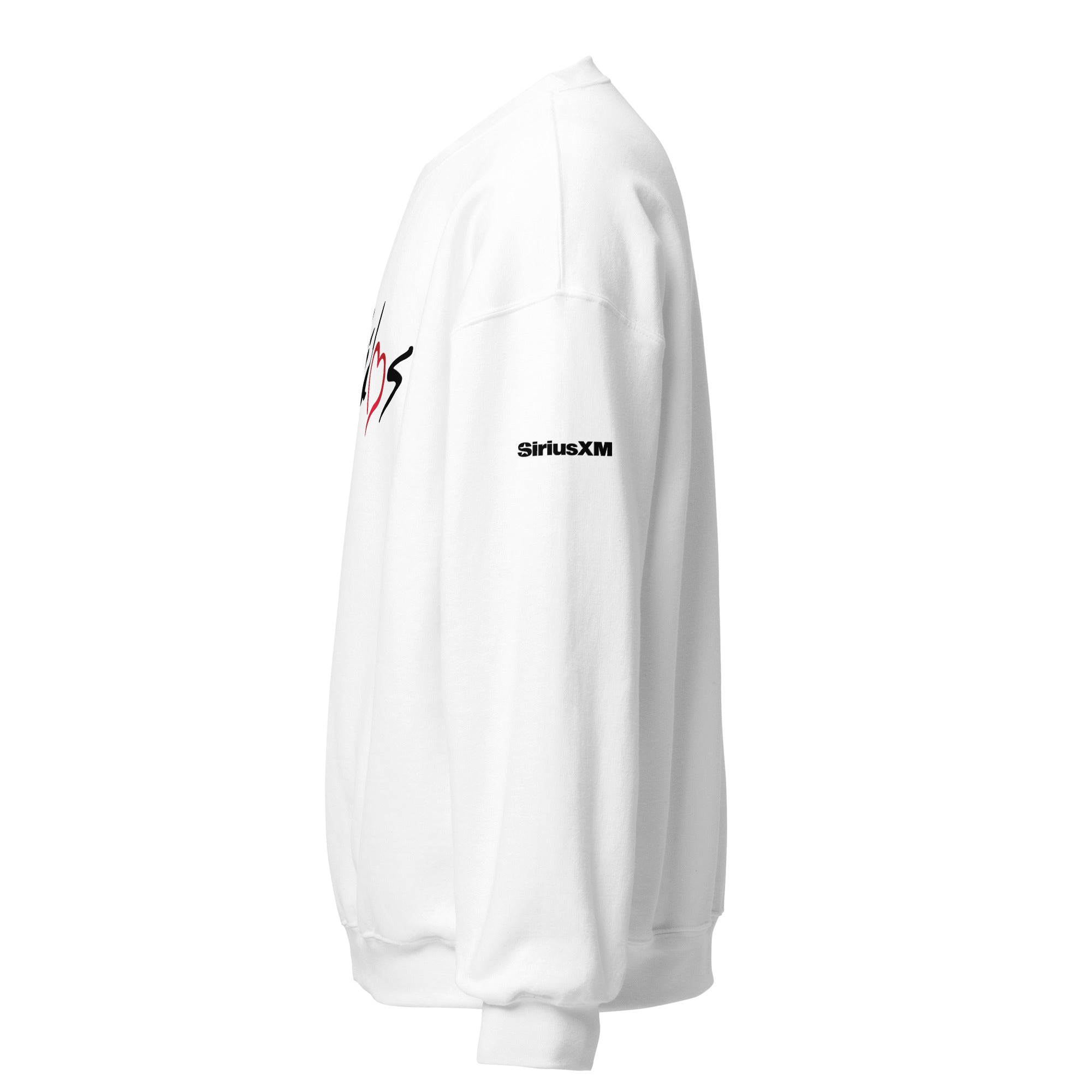 White sweatshirt featuring the text 'SiriusXM' on the sleeve and a colorful graphic on the front. Side view.