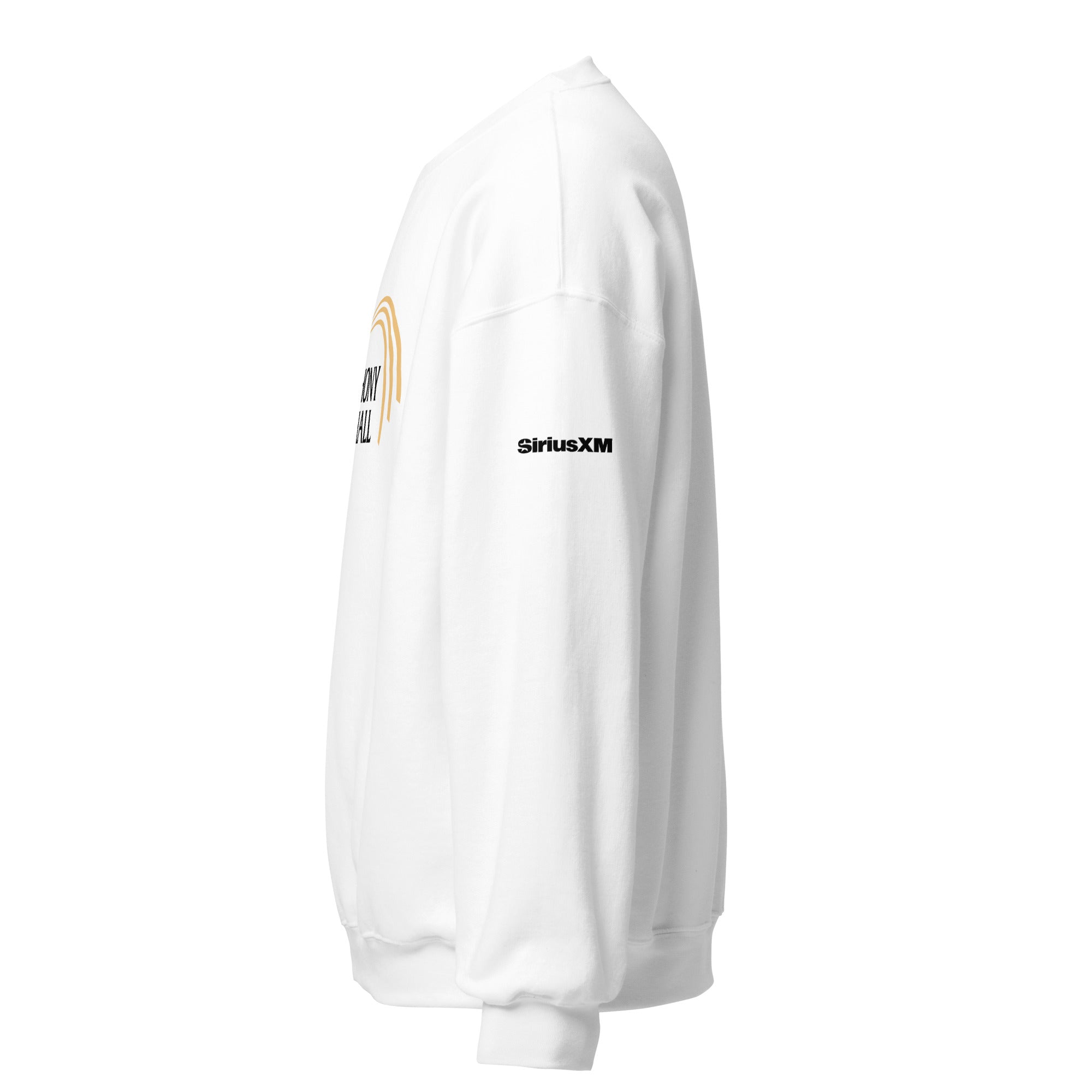 White sweatshirt featuring visible logo on sleeve and colorful graphic design on the front.