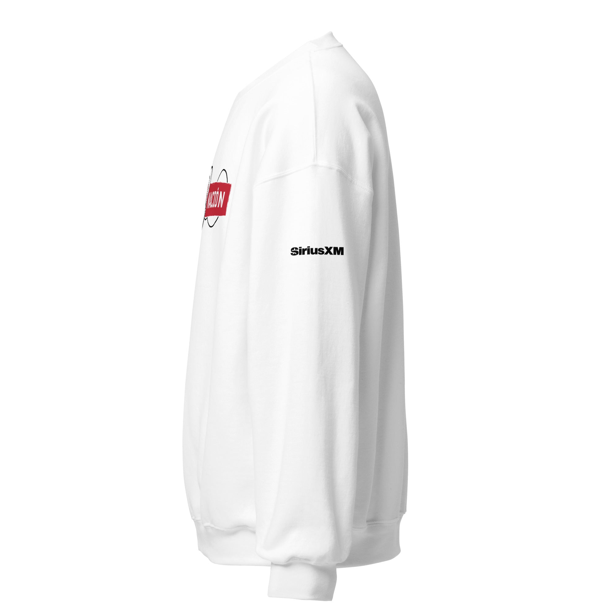 White sweatshirt with a logo on the front and 'SiriusXM' printed on the sleeve. Side view.