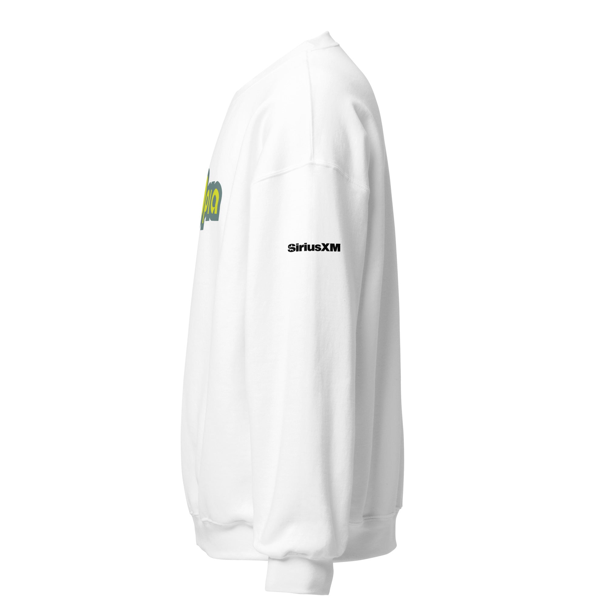 White sweatshirt with green and yellow graphic on front, 'SiriusXM' logo on the sleeve.