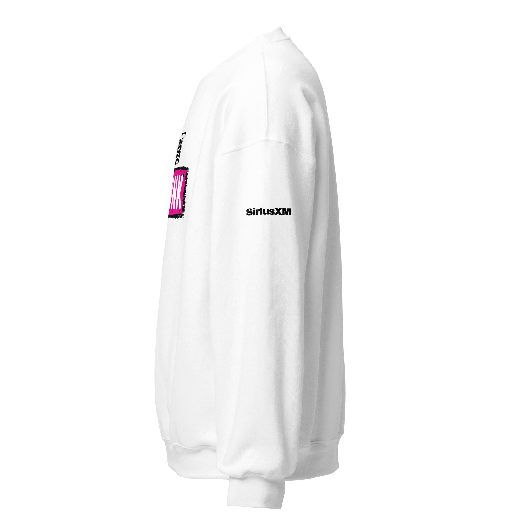 White sweatshirt with graphic design and 'SiriusXM' logo on the sleeve, shown from the side.