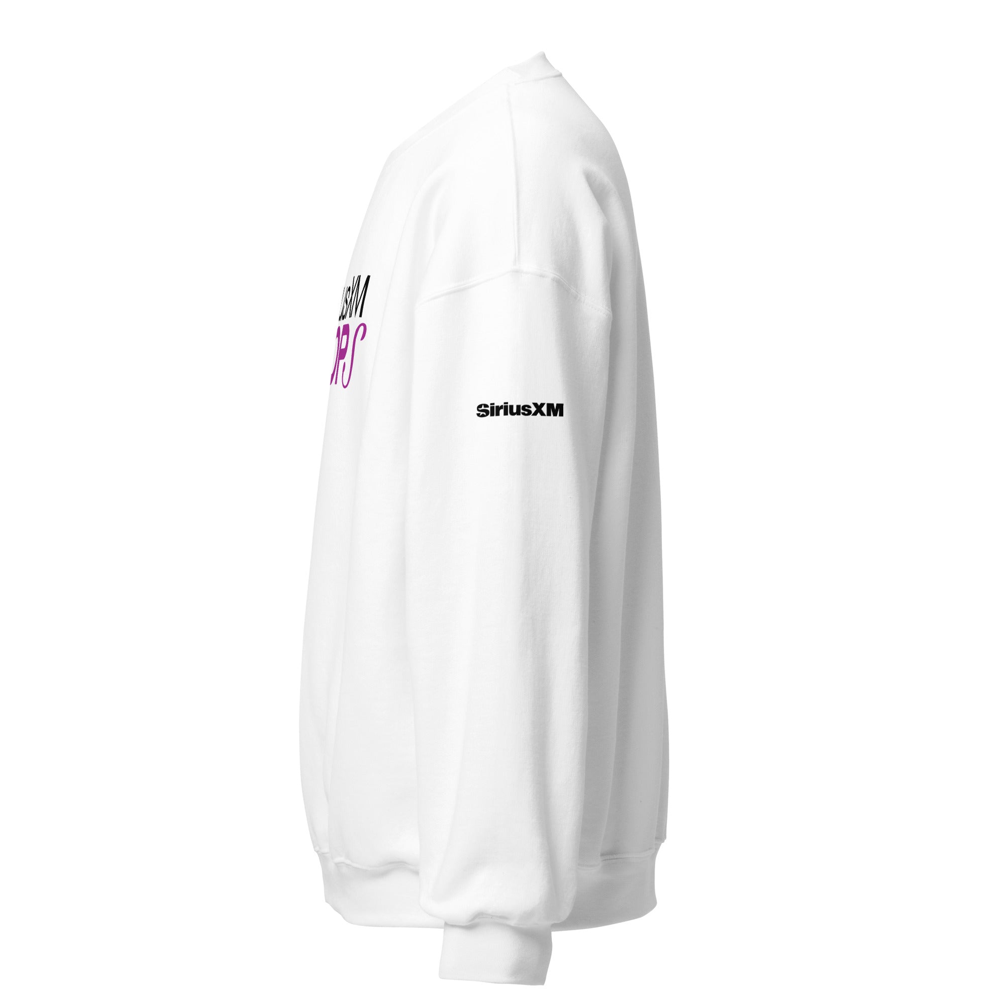 White sweatshirt with 'SiriusXM' logo on the sleeve and colorful text design on the front.