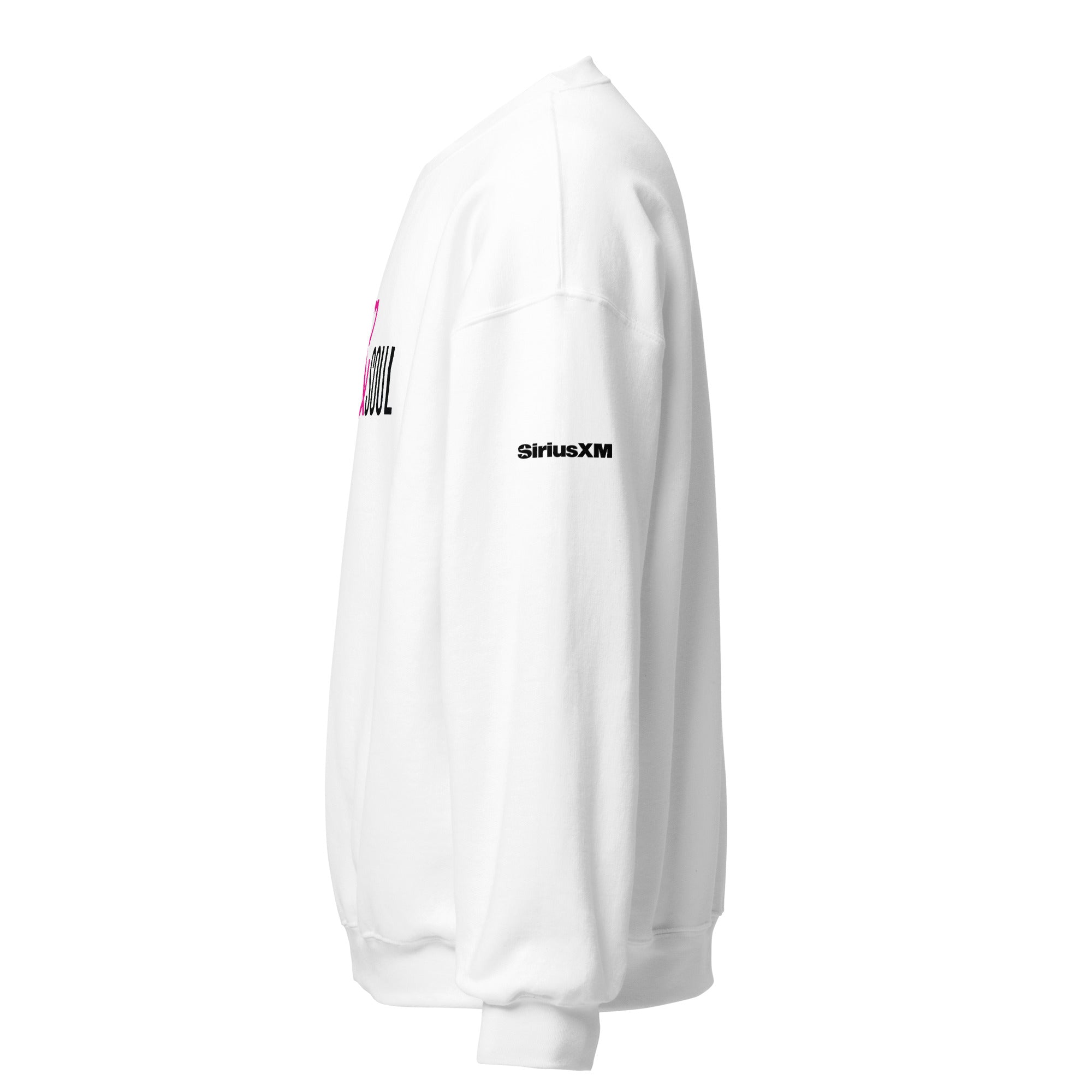 Side view of a white sweatshirt featuring 'Soul' in pink and 'SiriusXM' logo on the sleeve.