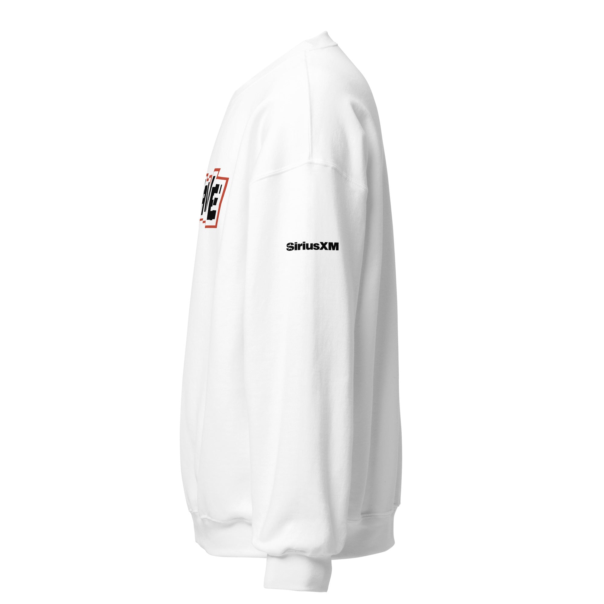 White sweatshirt with graphic text on the front and 'SiriusXM' logo on the sleeve.