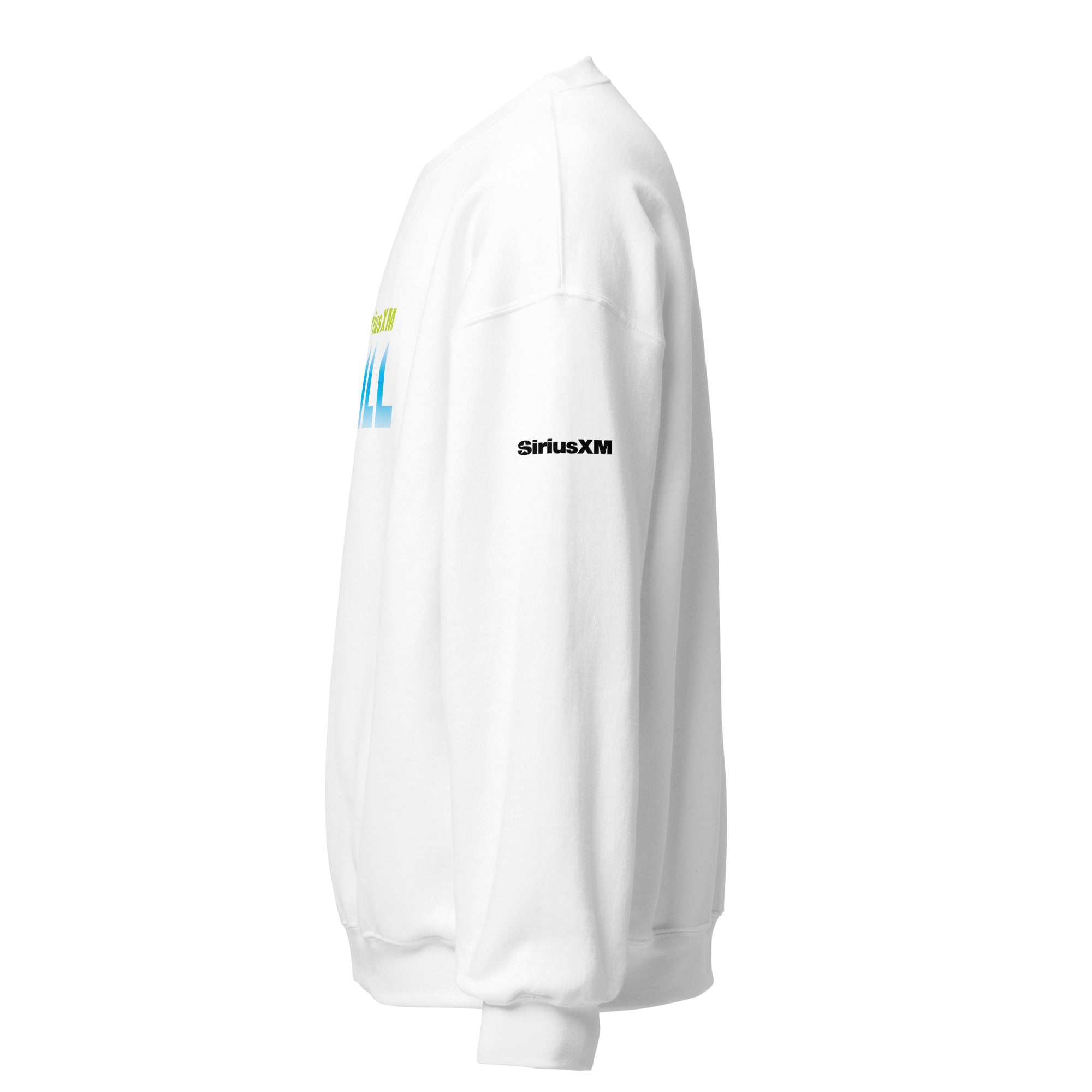 White sweatshirt with 'SiriusXM' logo on the sleeve, shown from the side.