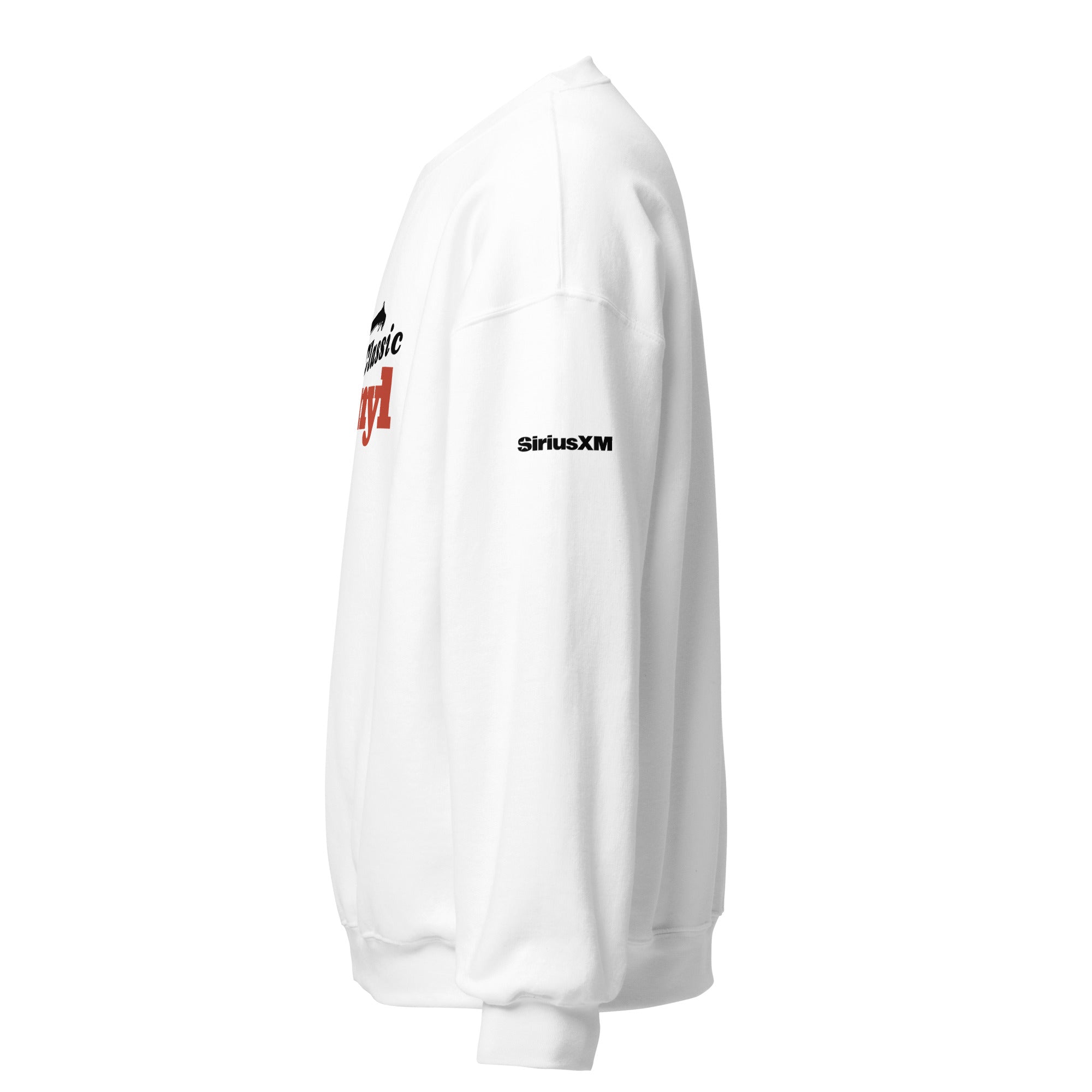 White sweatshirt featuring 'Classic Vinyl' graphic and SiriusXM logo on the sleeve. Side view.