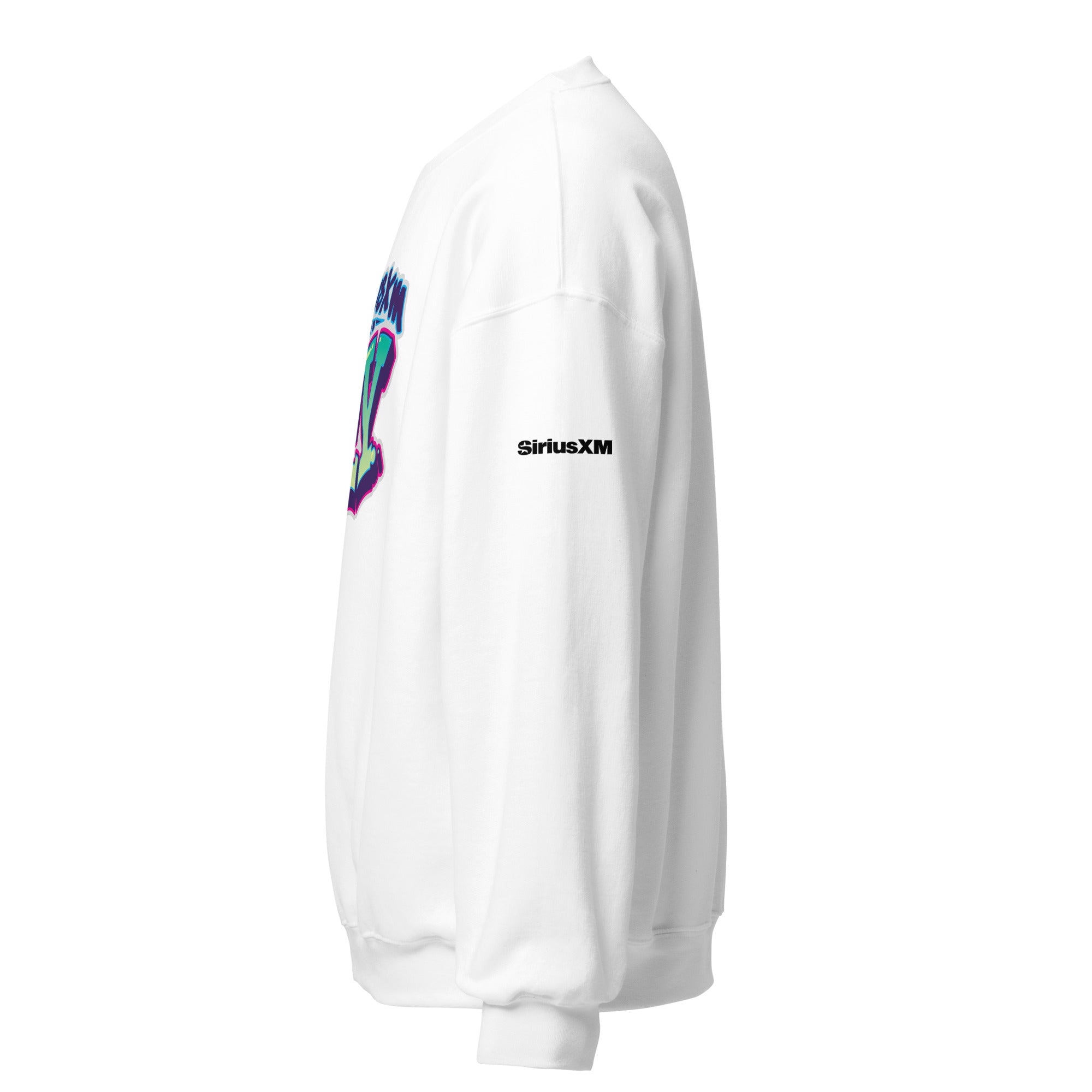 White sweatshirt featuring colorful graphic design and 'SiriusXM' logo on the sleeve.