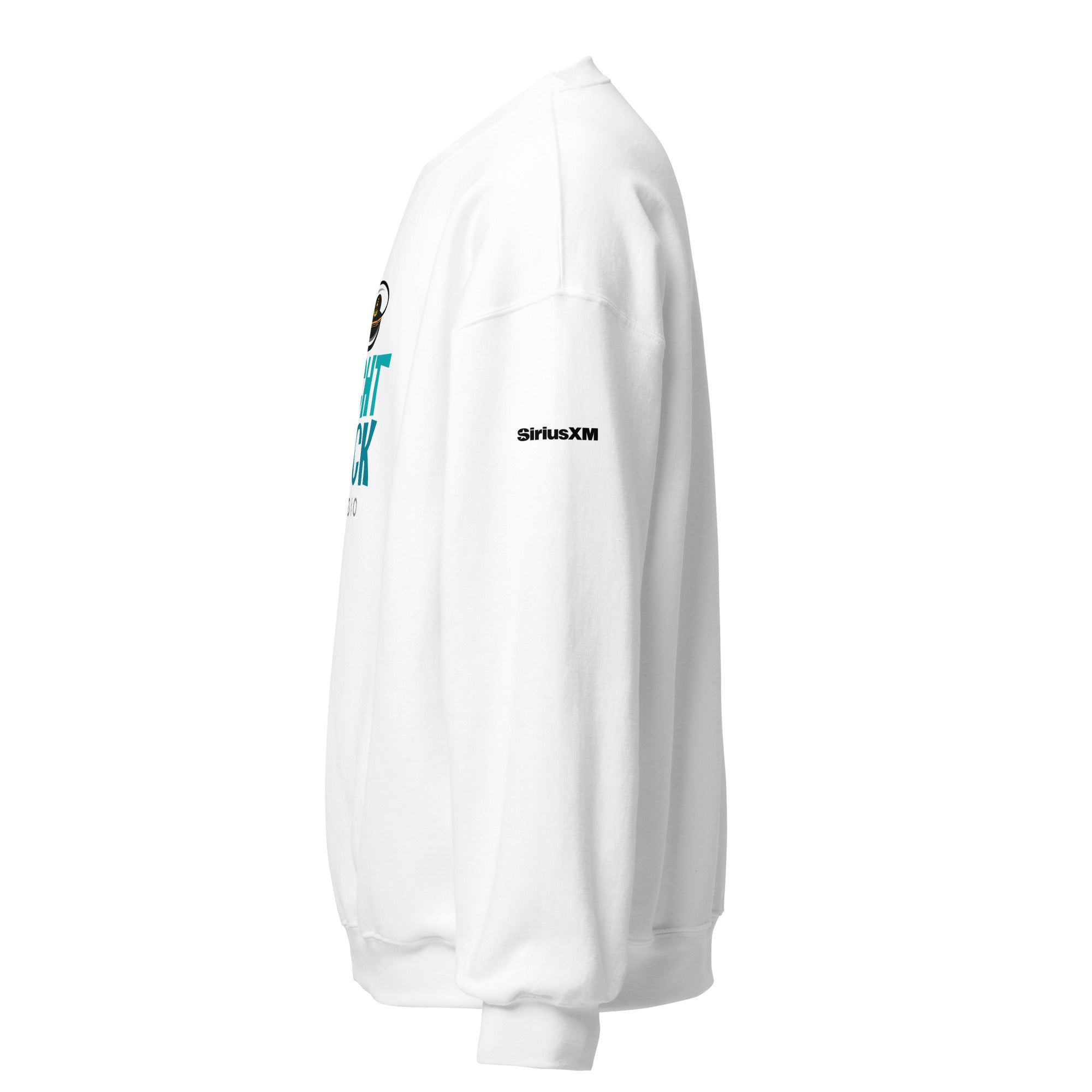 White sweatshirt with logo, featuring 'SiriusXM' on the sleeve. Side view.