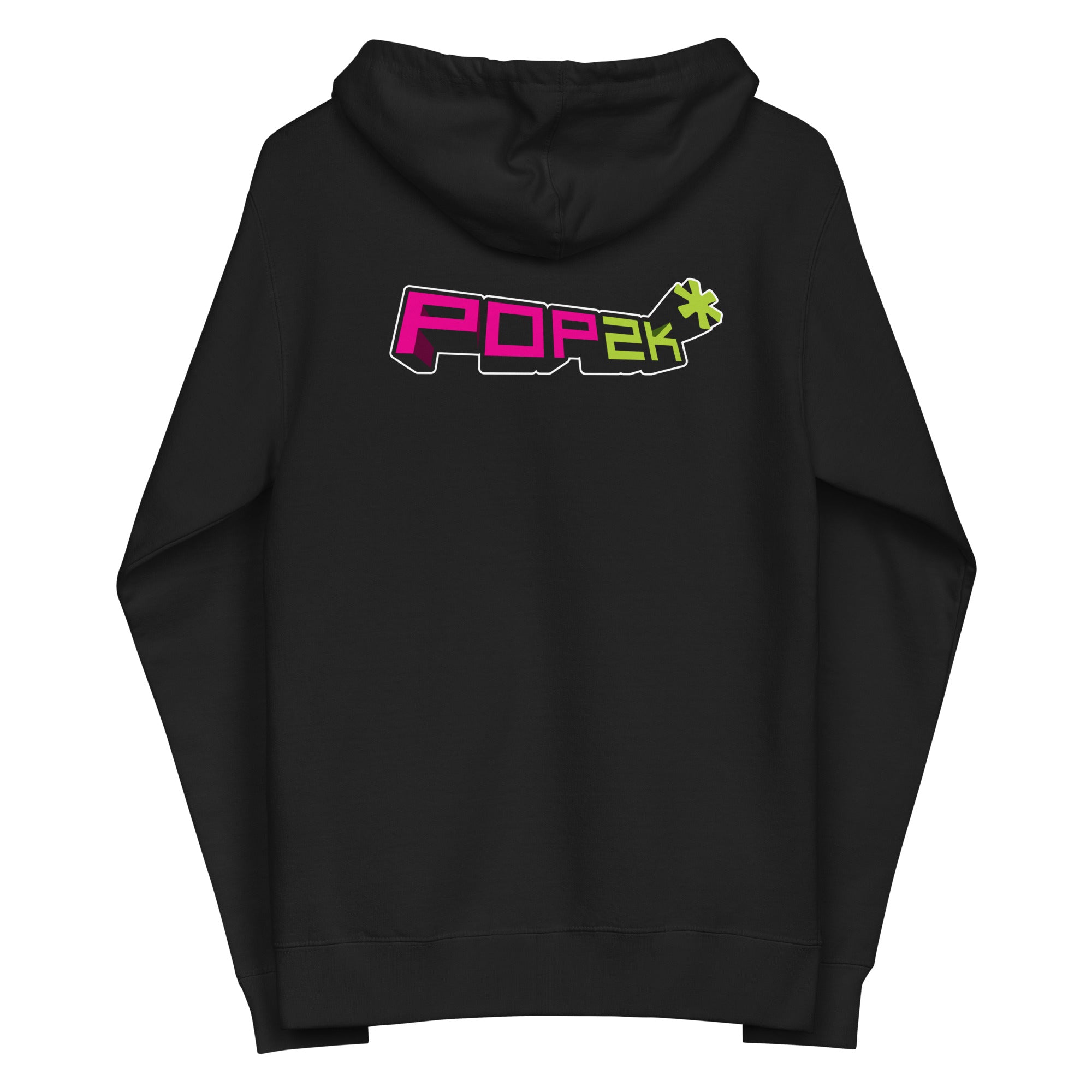 Black hoodie featuring a colorful 'POP2k' logo on the back.