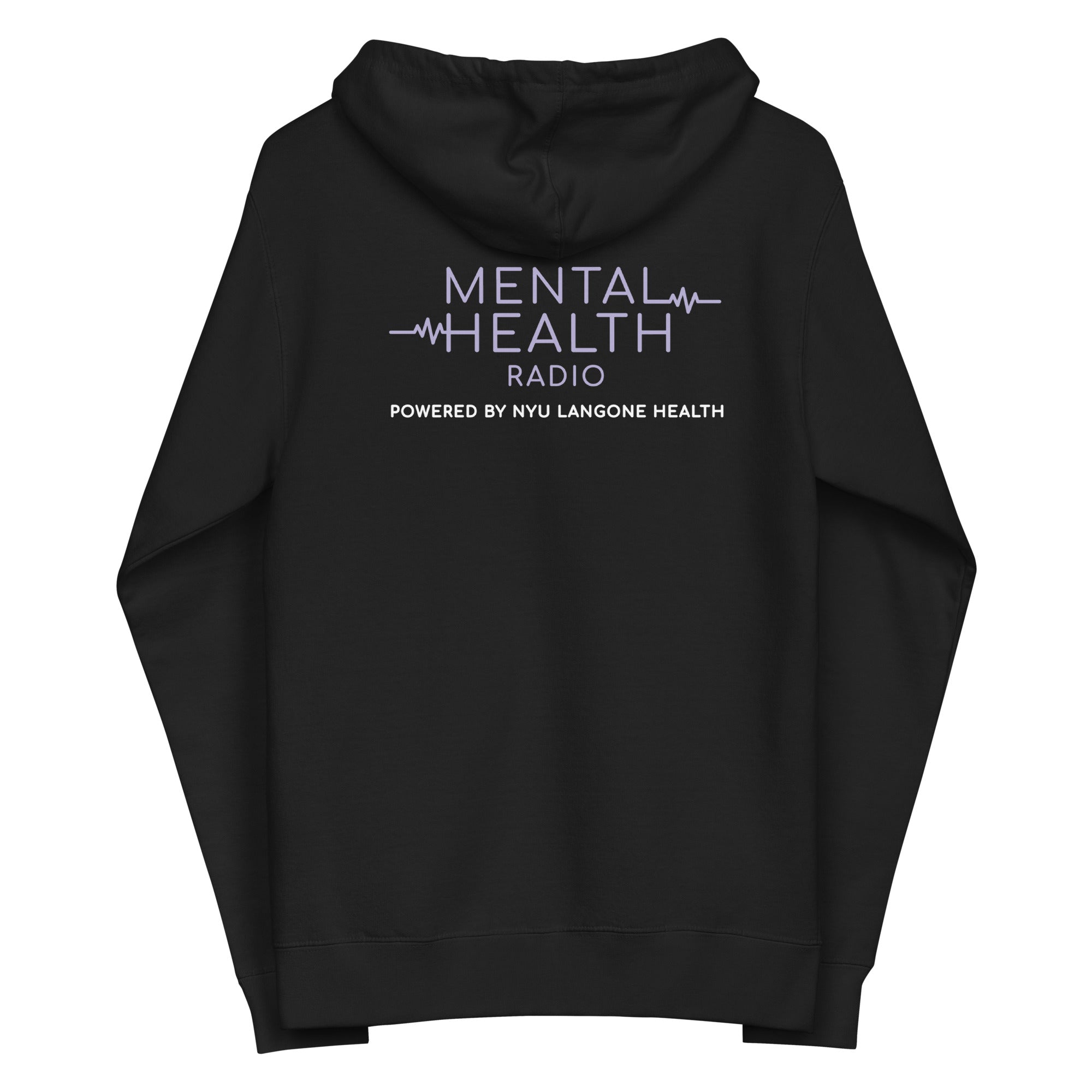 Black hoodie featuring 'Mental Health Radio Powered by NYU Langone Health' logo on the back.