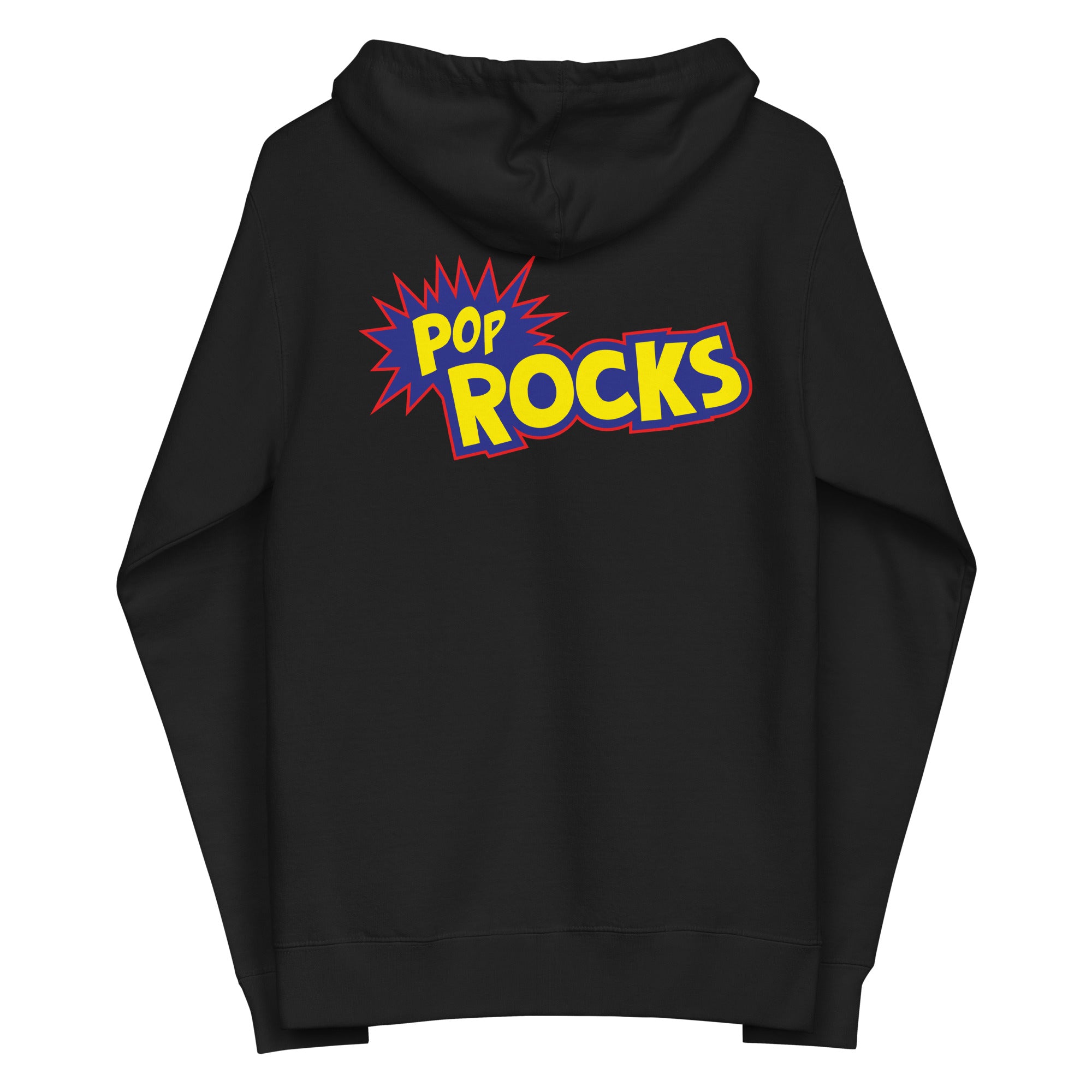 Black hoodie with 'POP ROCKS' logo in colorful, bold letters and starburst design on the back.