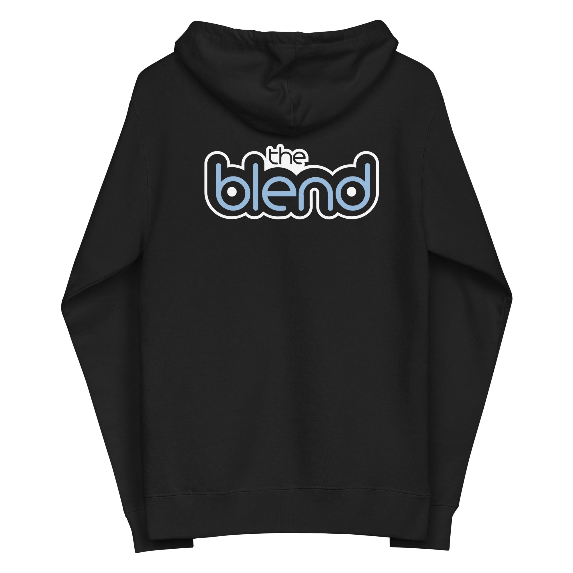 Back view of a black hoodie featuring the logo 'the blend' in bold white and light blue lettering.