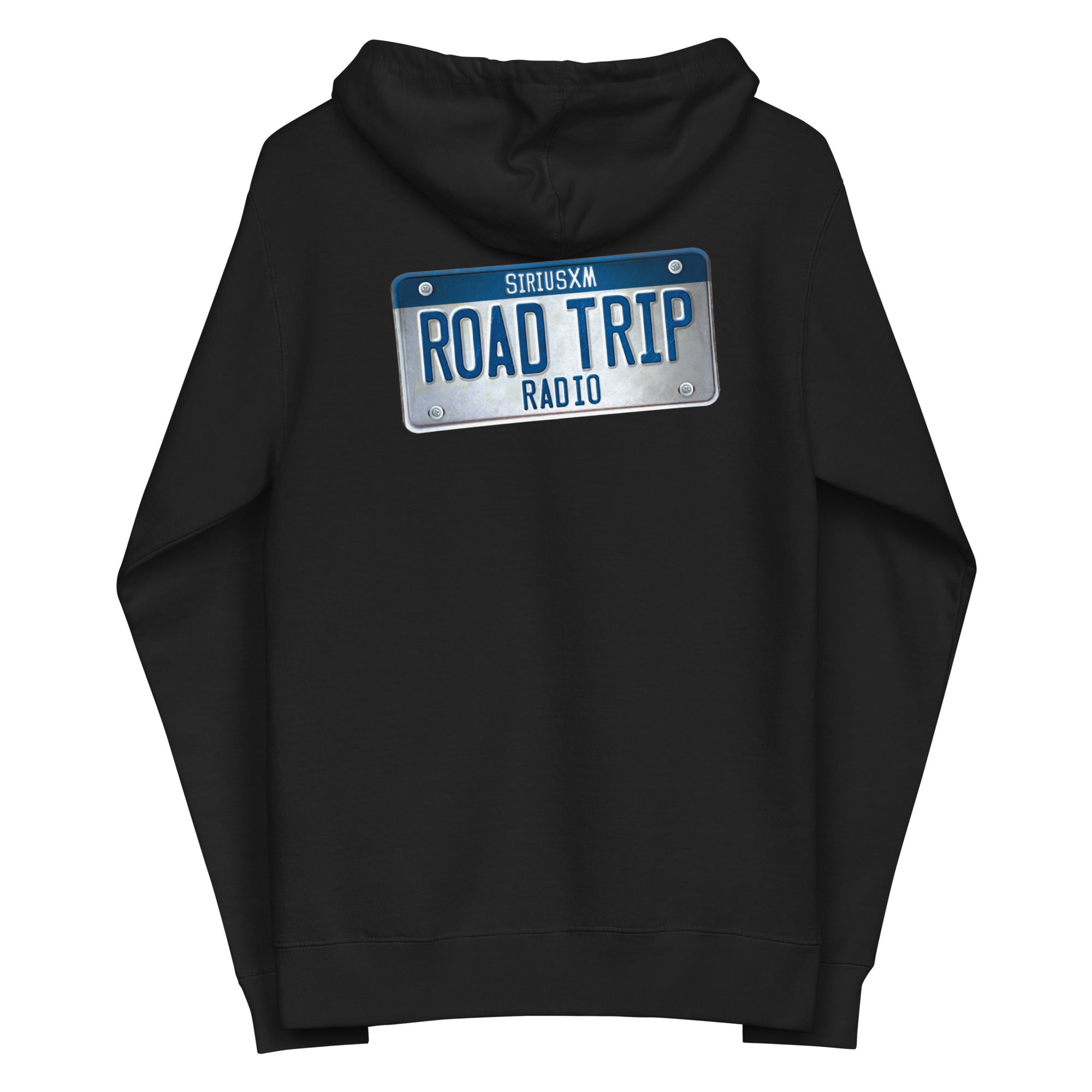 Black hoodie featuring a novelty license plate design with 'ROAD TRIP RADIO' text on the back.