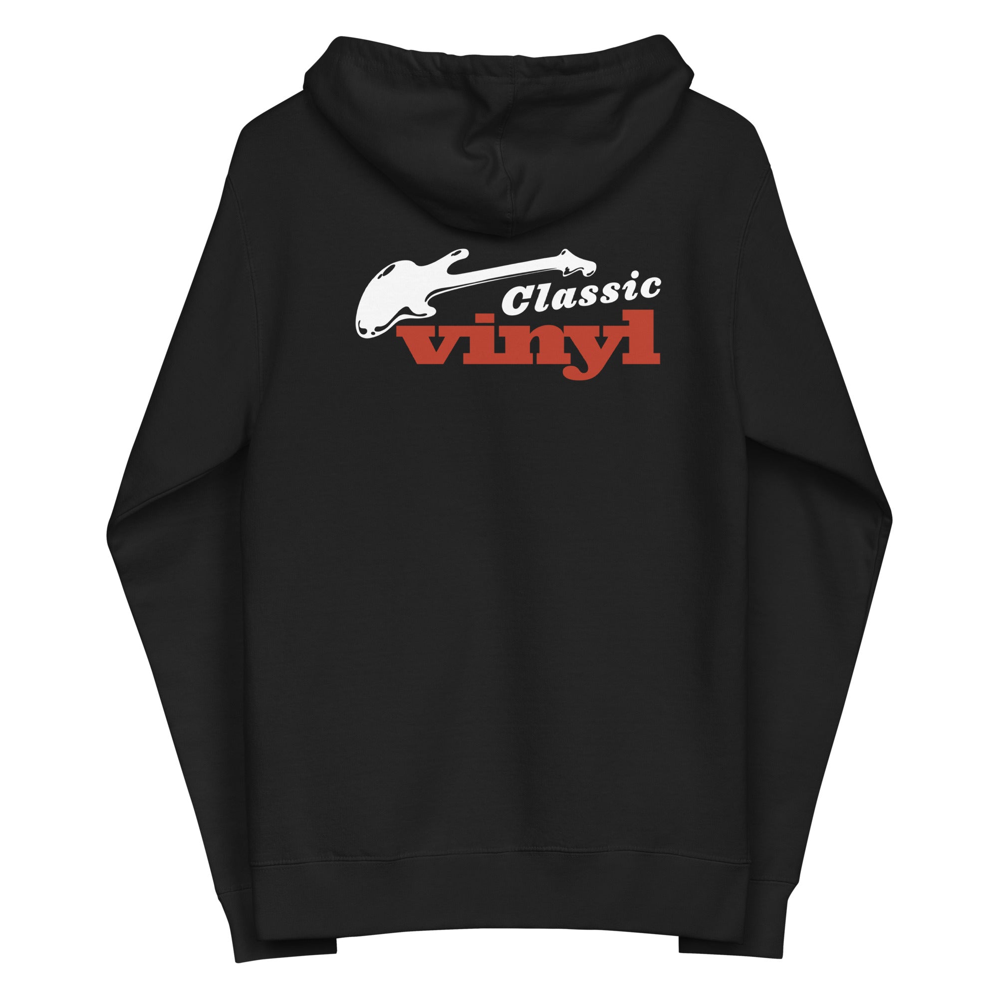 Black hoodie featuring 'Classic vinyl' text and a guitar graphic on the back.