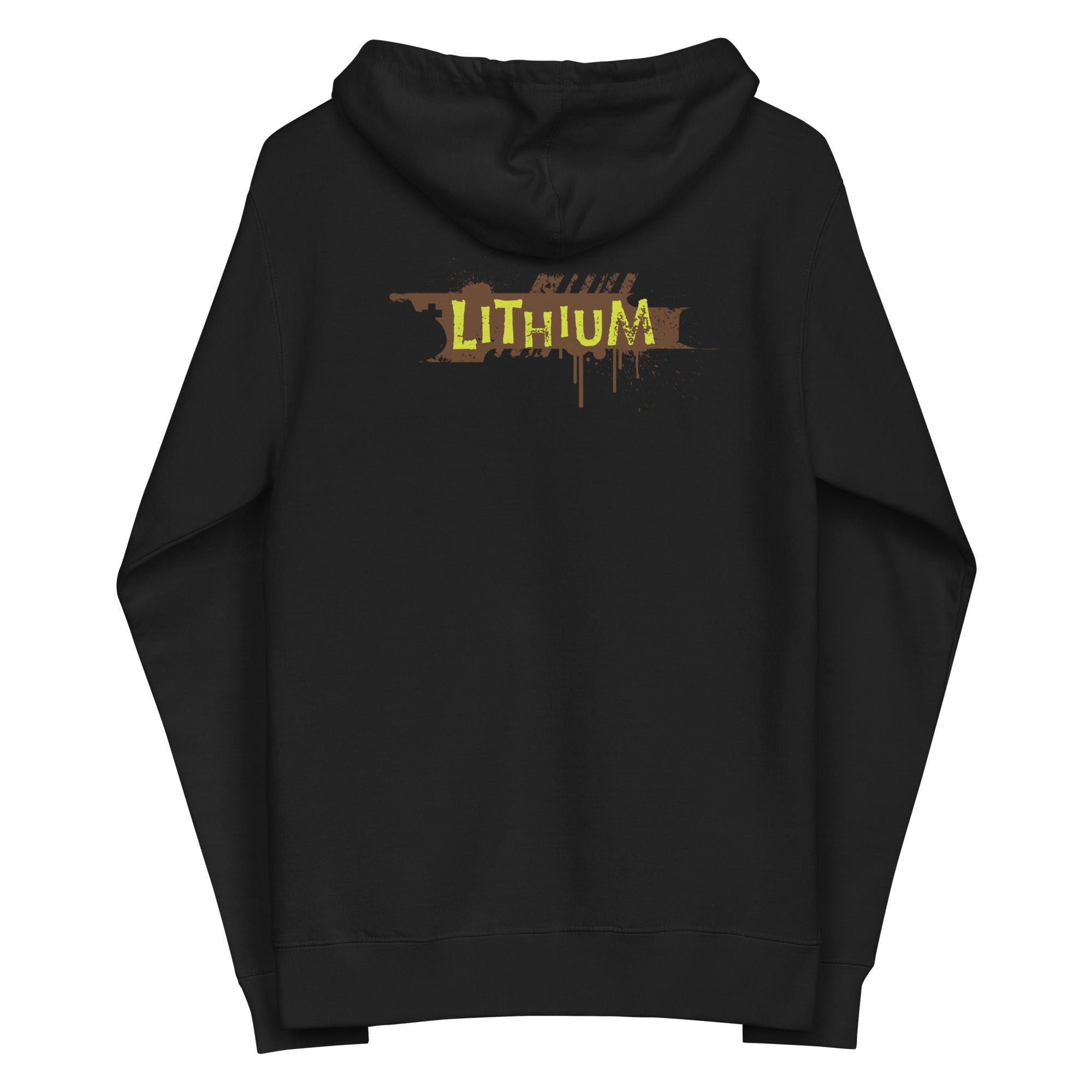 Black hoodie featuring the word 'LITHIUM' in a stylized dripping font on the back.