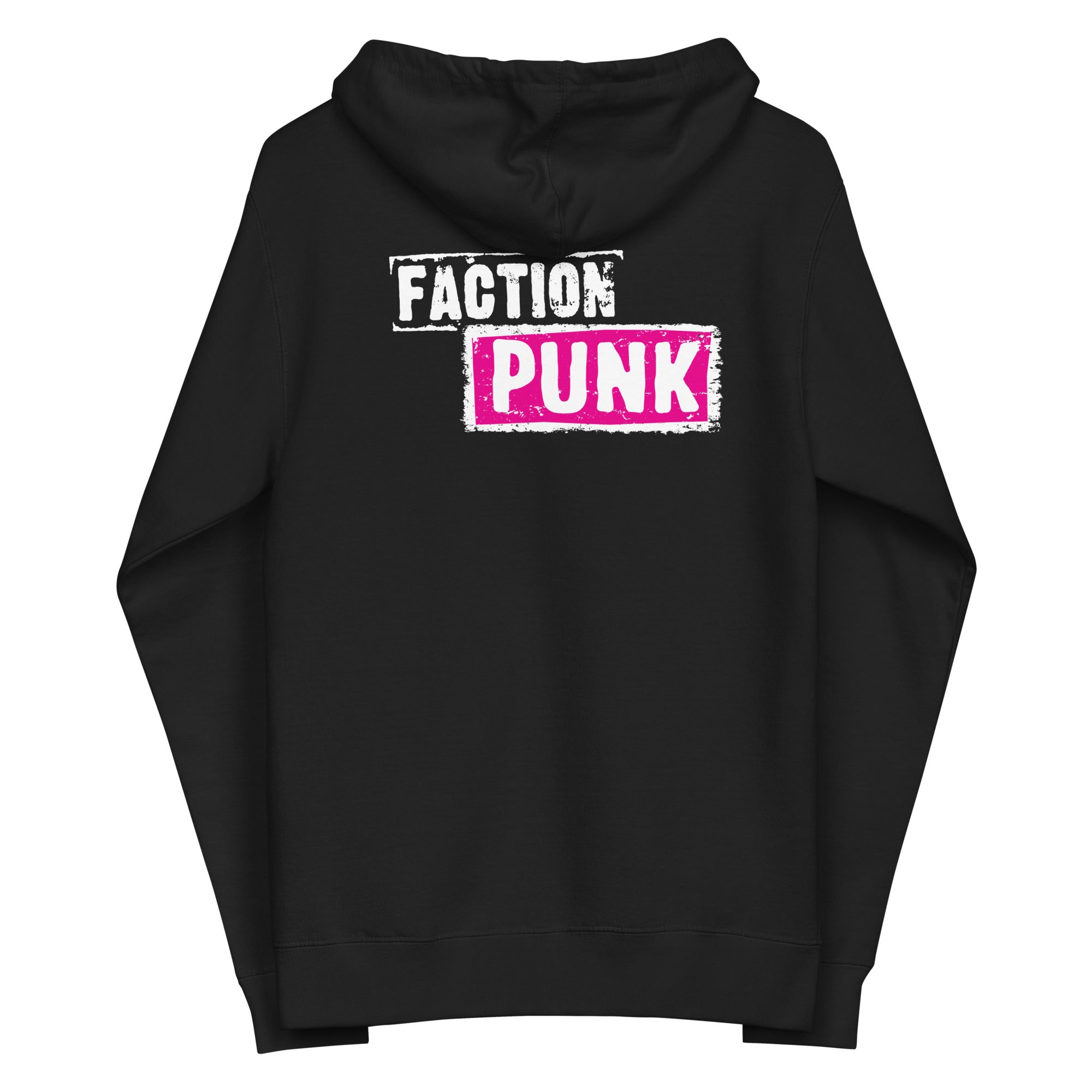 Black hoodie with the phrase 'FACTION PUNK' in bold white and pink lettering on the back.