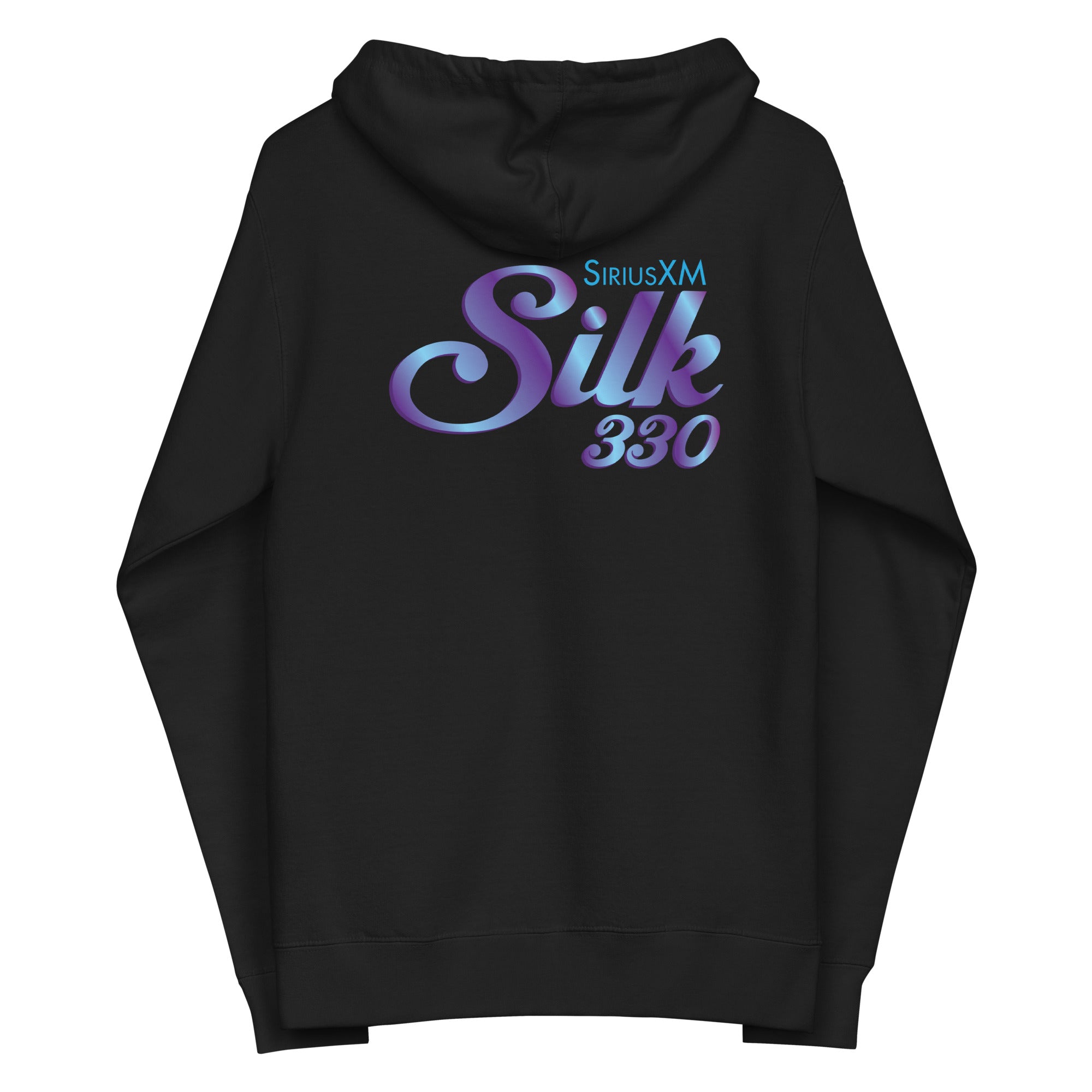 Black hoodie displaying 'SiriusXM Silk 330' in stylish gradient lettering on the back.