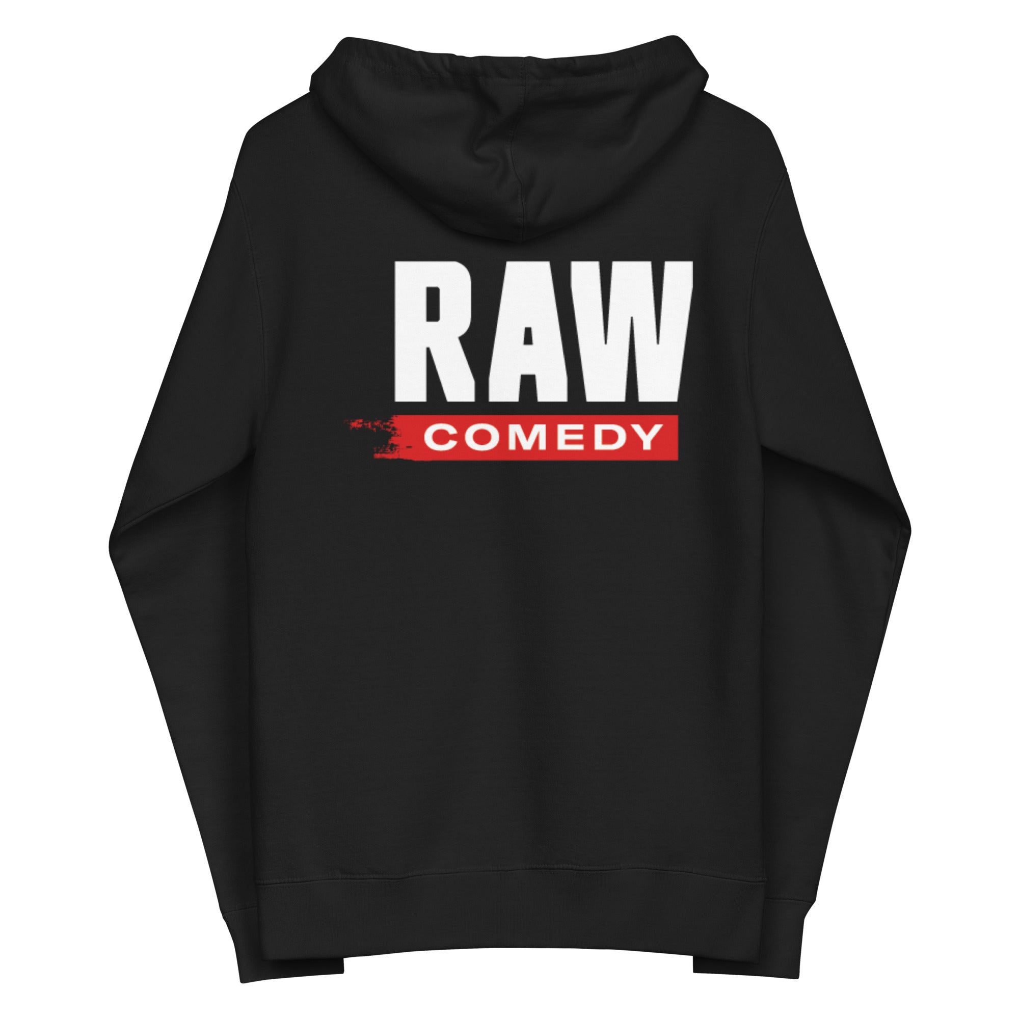 Back side of black hoodie featuring the text 'RAW' in white and 'COMEDY' in red underneath.