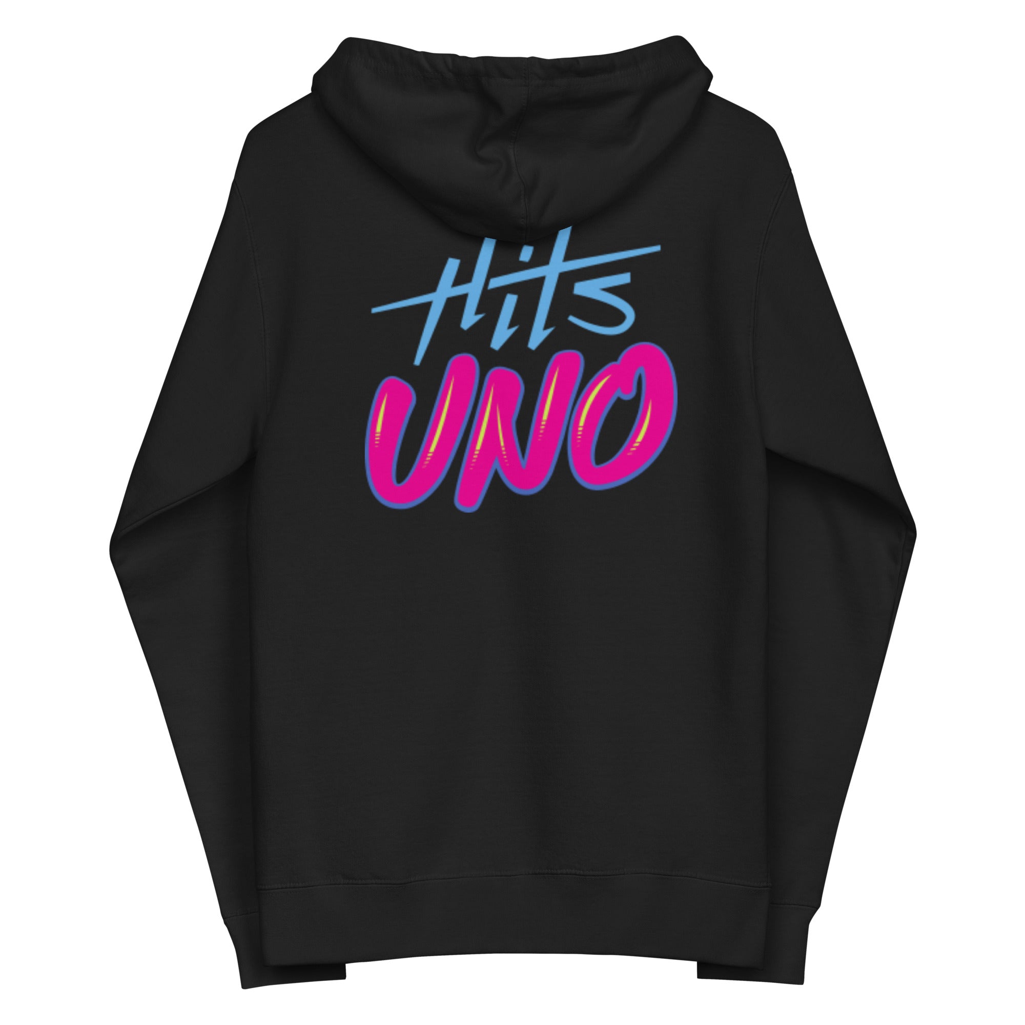 Black hoodie with 'Hits UNO' graphic in vibrant pink and blue lettering on the back.