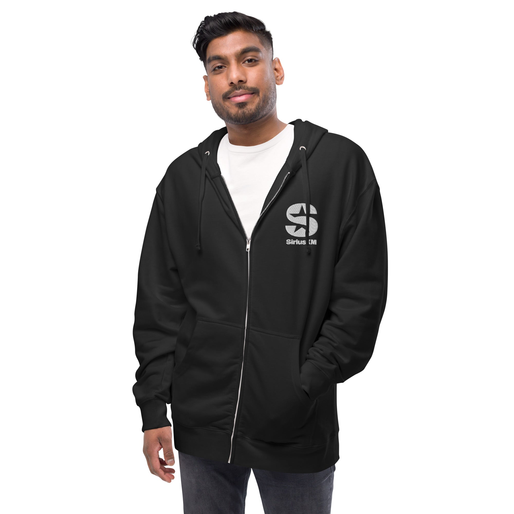 Young man in black zip-up hoodie with 'SiriusXM' logo, smiling against a white background.