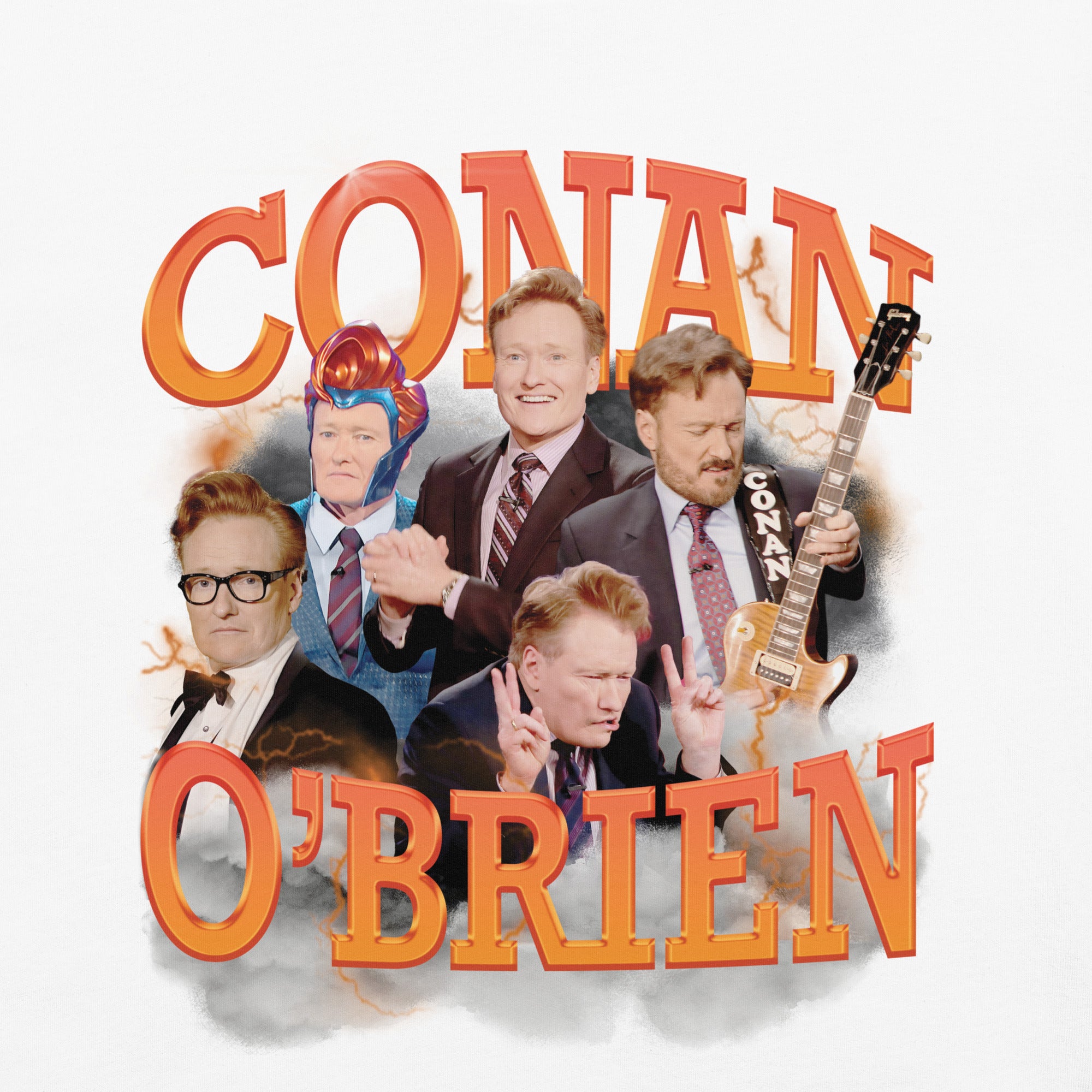 A close-up of the Conan O'Brien graphic design on the white t-shirt, highlighting detailed images of Conan in various poses with bold, orange 3D lettering that reads CONAN O'BRIEN,' surrounded by a cloudy, lightning-like background.