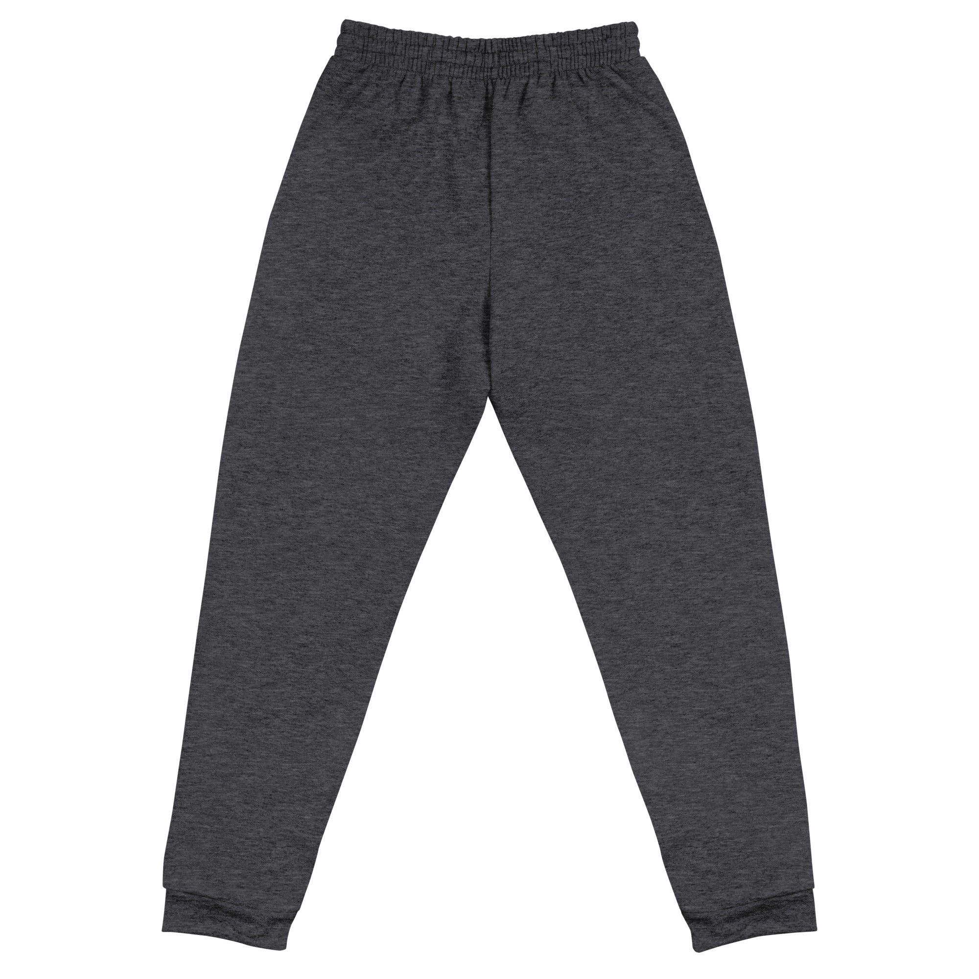 Back of dark gray sweatpants with an elastic waistband and cuffed ankles.