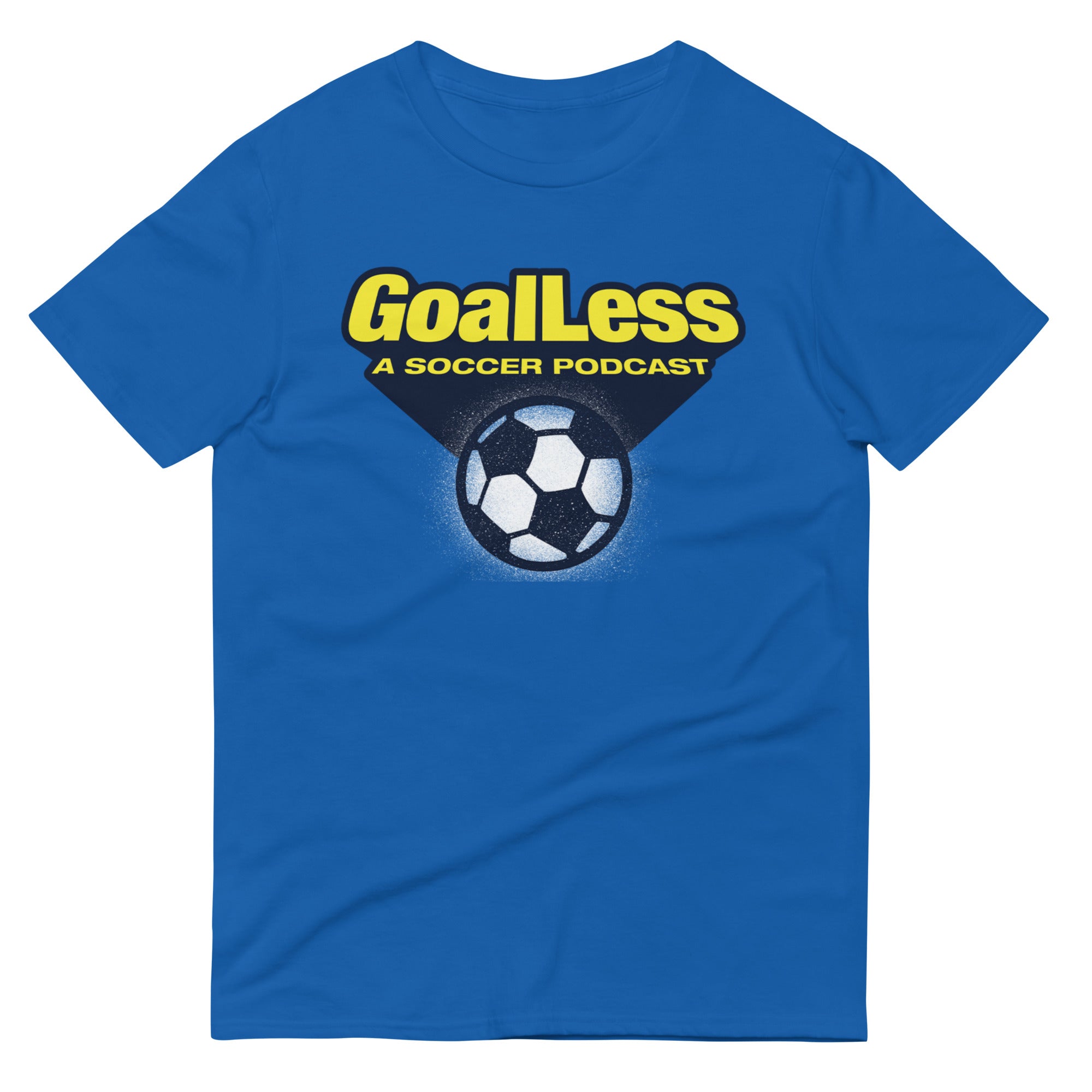 A blue t-shirt featuring the text 'GoalLess A Soccer Podcast' above a graphic of a soccer ball.