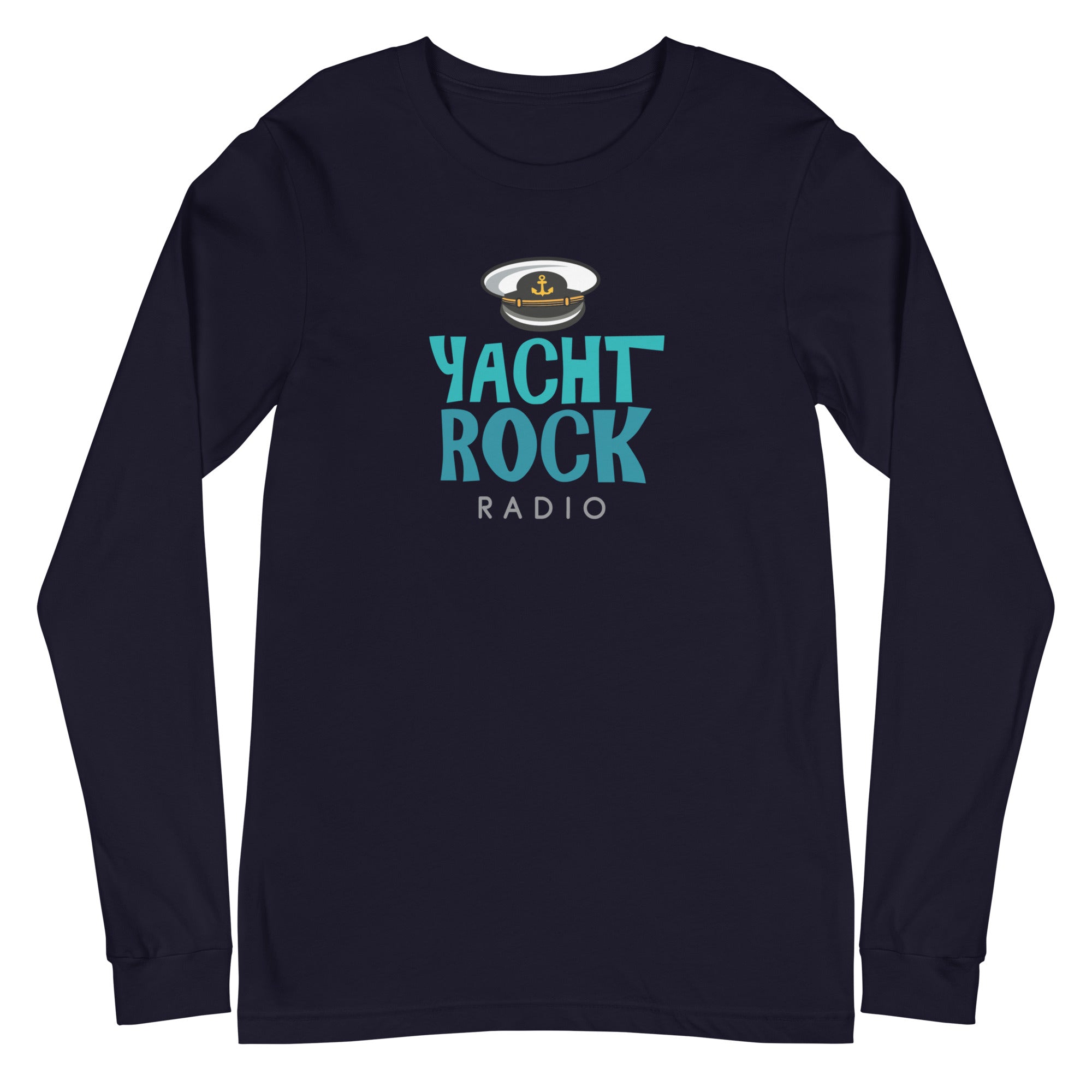 Long-sleeve black shirt featuring 'Yacht Rock Radio' logo in teal with a captain's hat design.