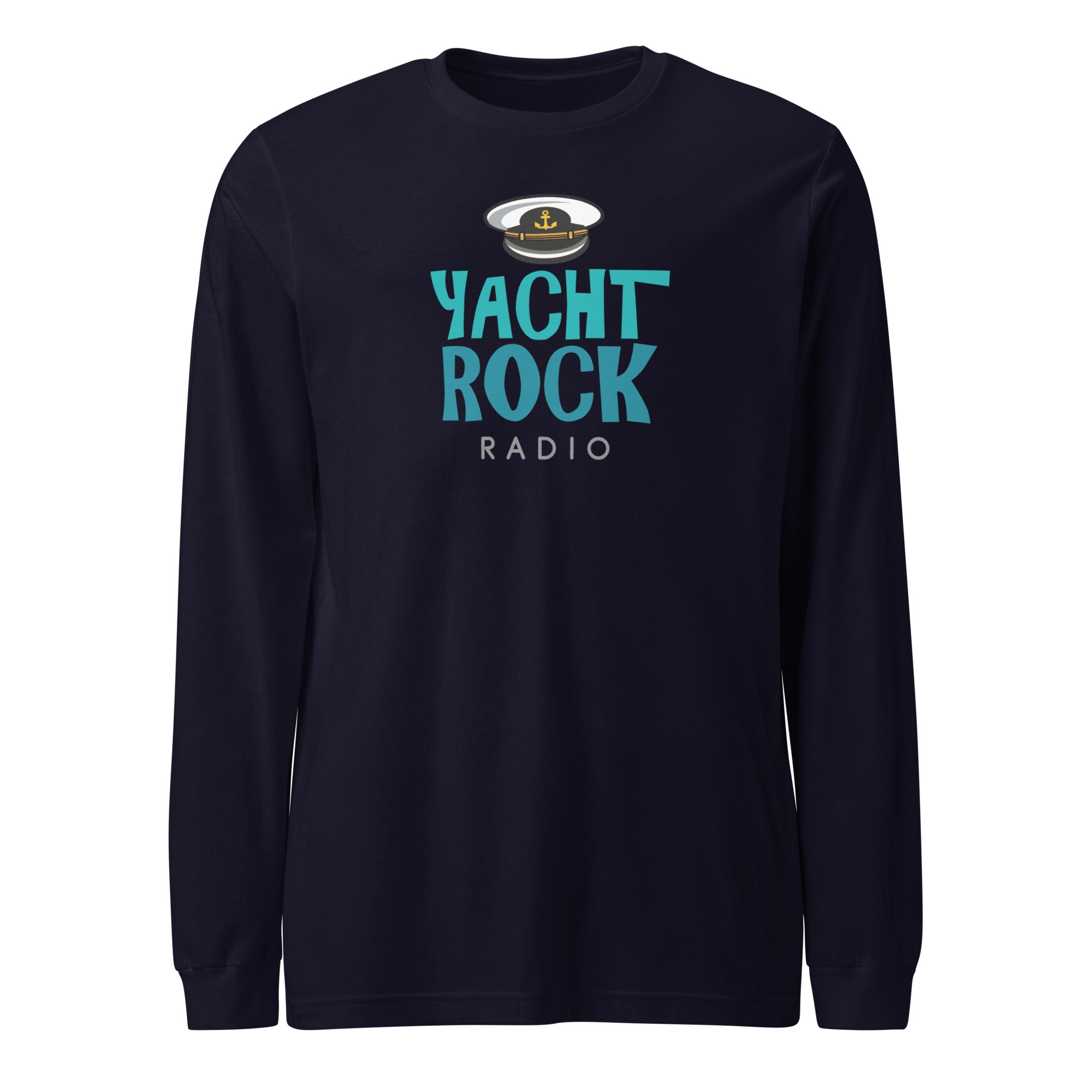 Long-sleeve black shirt featuring 'Yacht Rock Radio' text in teal and a captain's hat graphic.