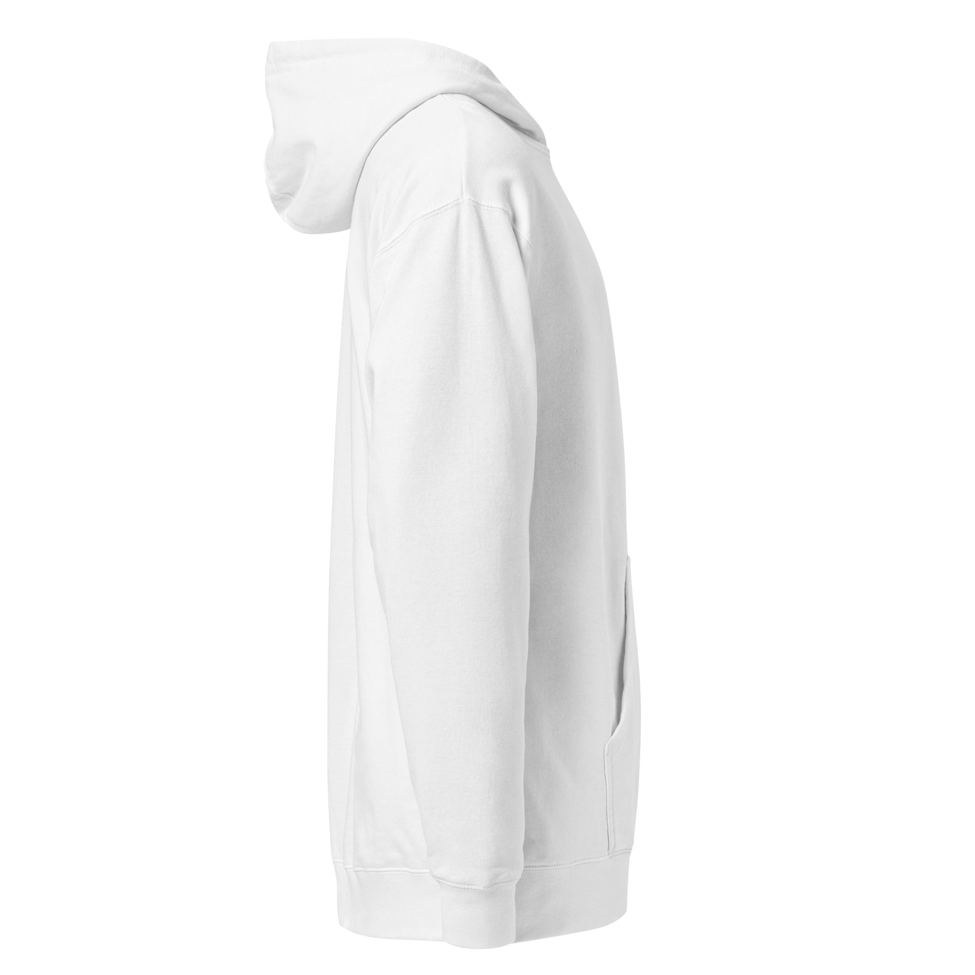 White hoodie viewed from the side.