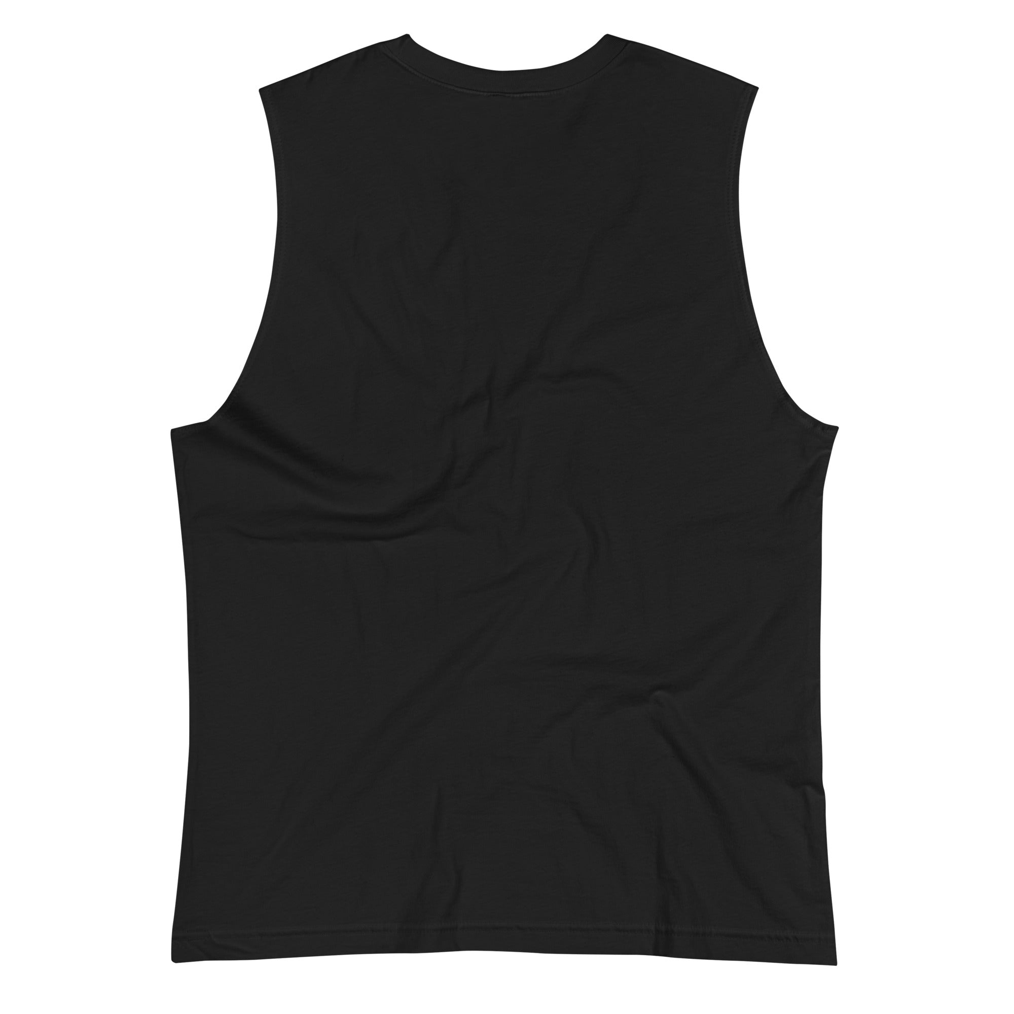 The back view of the black muscle tank top, showing a clean, simple design without any logos or text. The fabric appears smooth and lightweight.