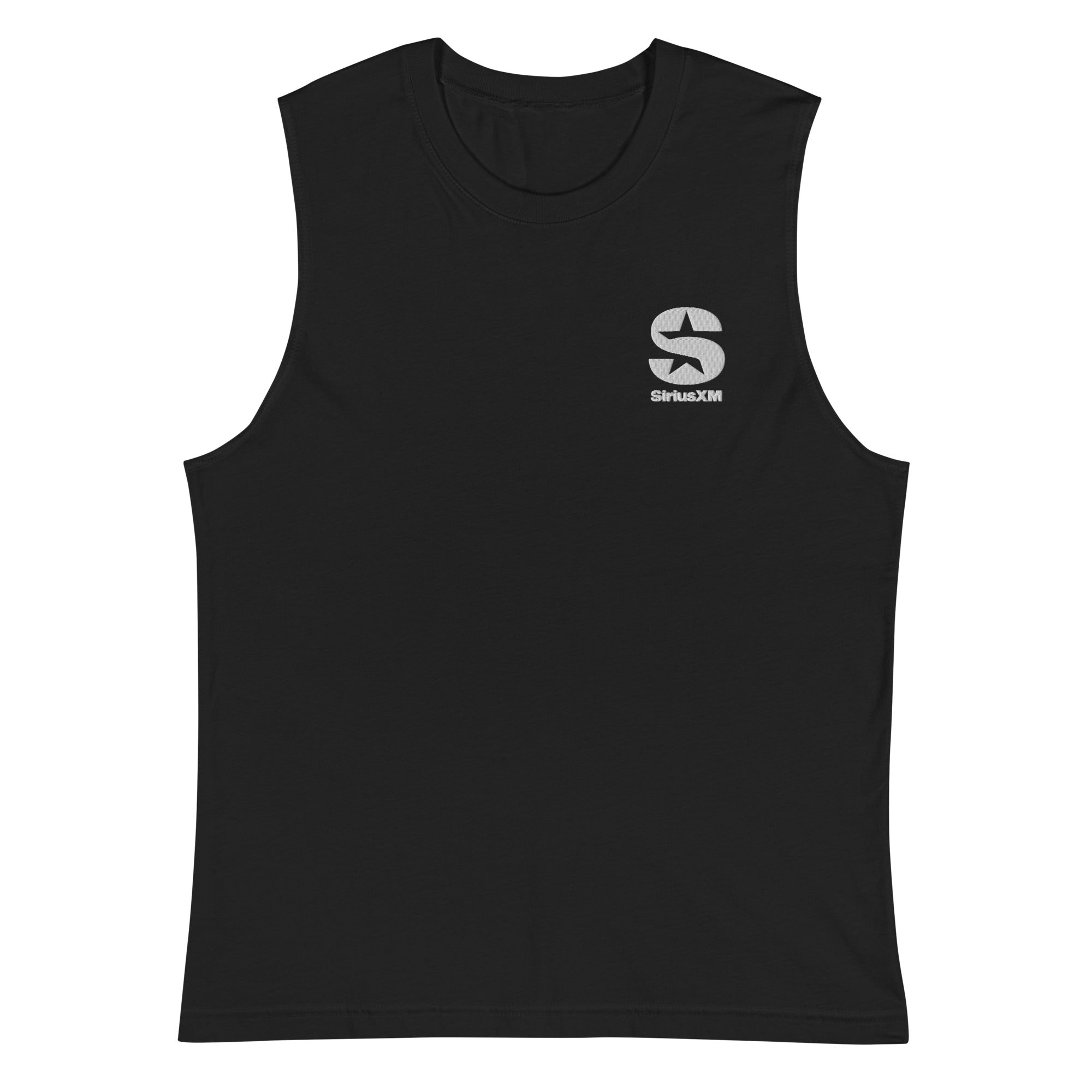 A black muscle tee style tank top featuring the 'SiriusXM' S logo in white embroidery on the upper left chest. The sleeveless design has wide armholes and a classic crew neckline.