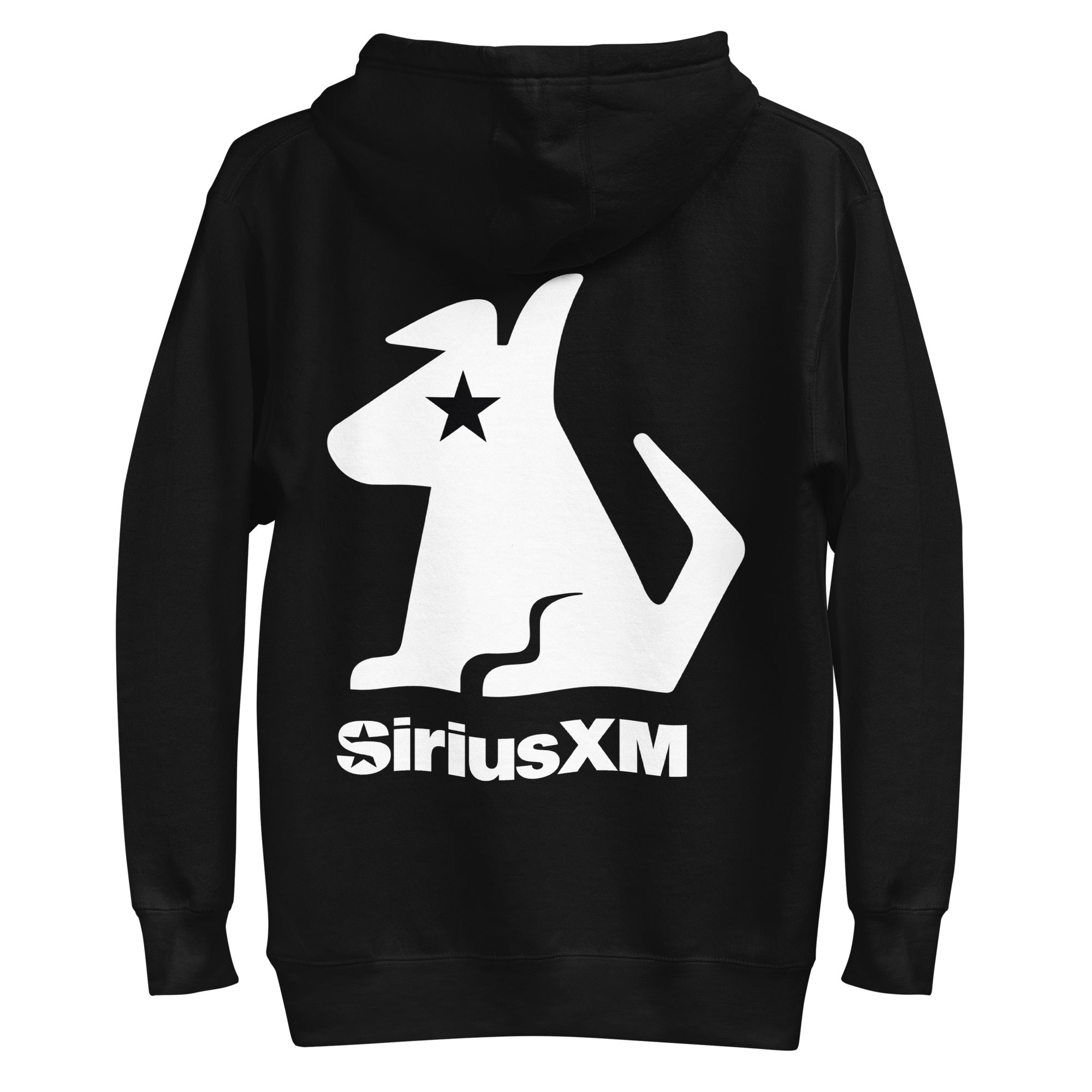 Black hoodie featuring a white dog silhouette with a star and 'SiriusXM' logo on the back.