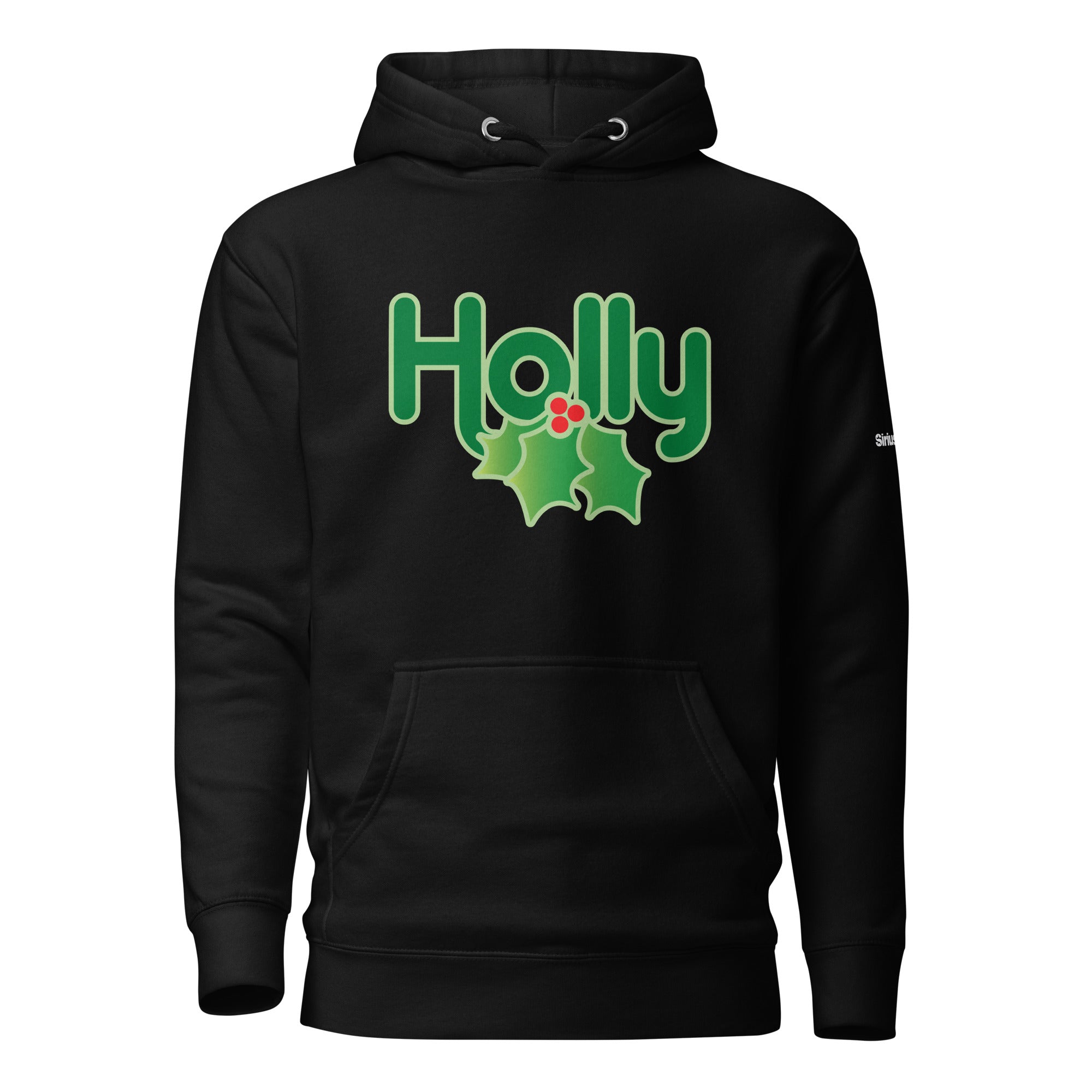 Front of black hoodie with a pouch pocket with 'HOLLY' logo in the center in green lettering.