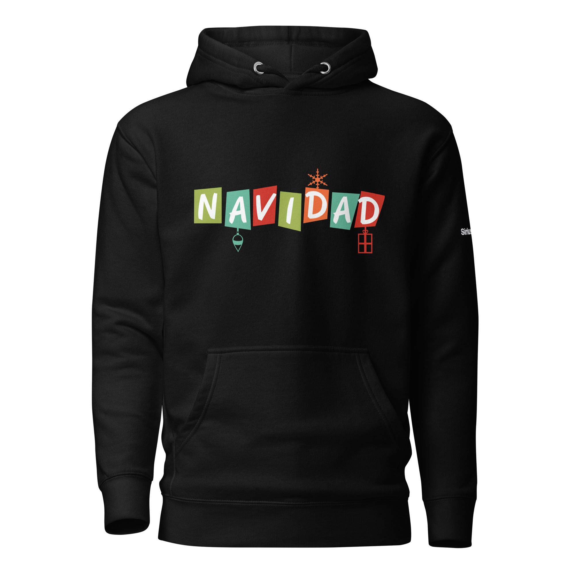 Front of black hoodie with a pouch pocket with 'Navidad' logo in the center in colorful blocks.