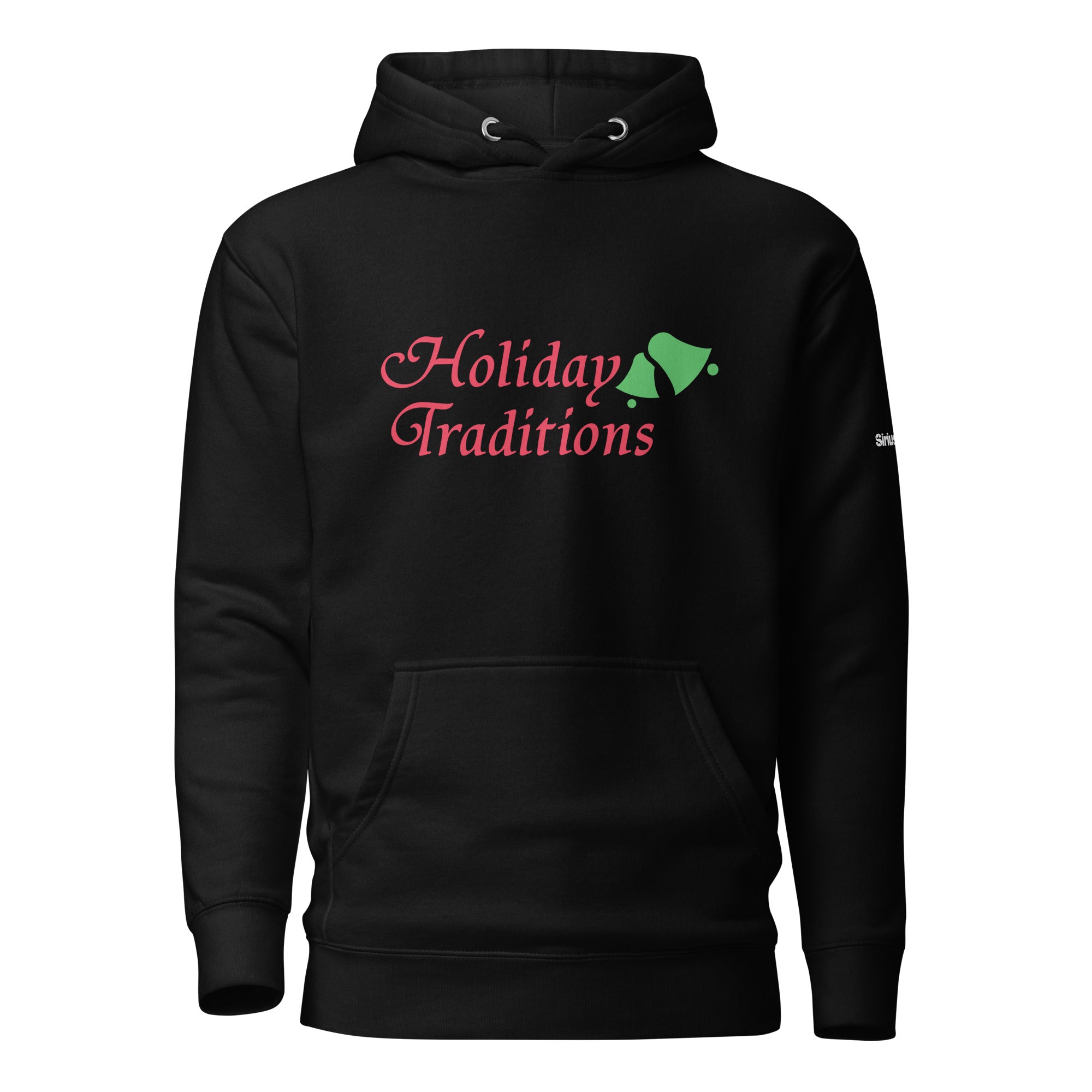 Front of black hoodie with a pouch pocket with 'Holiday Traditions' logo in the center in red lettering.