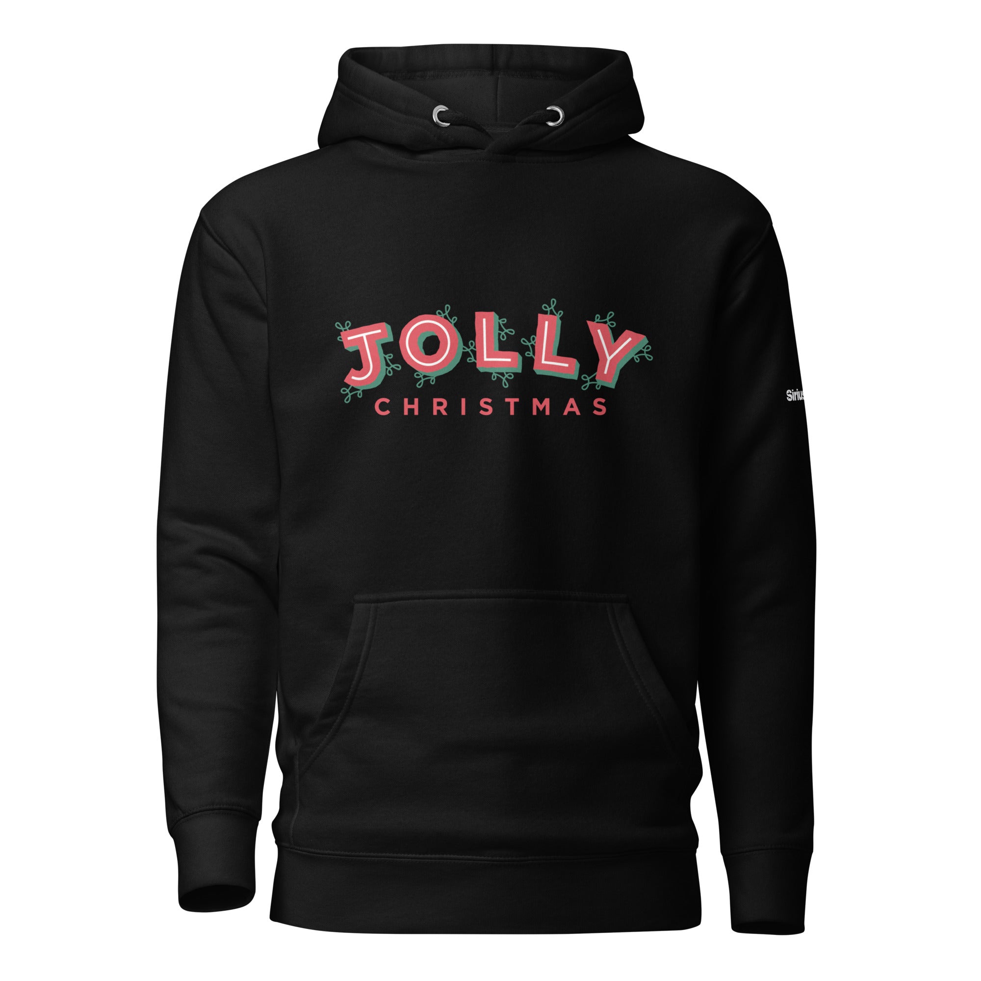 Front of black hoodie with a pouch pocket with 'JOLLY CHRISTMAS' logo in the center in red lettering.