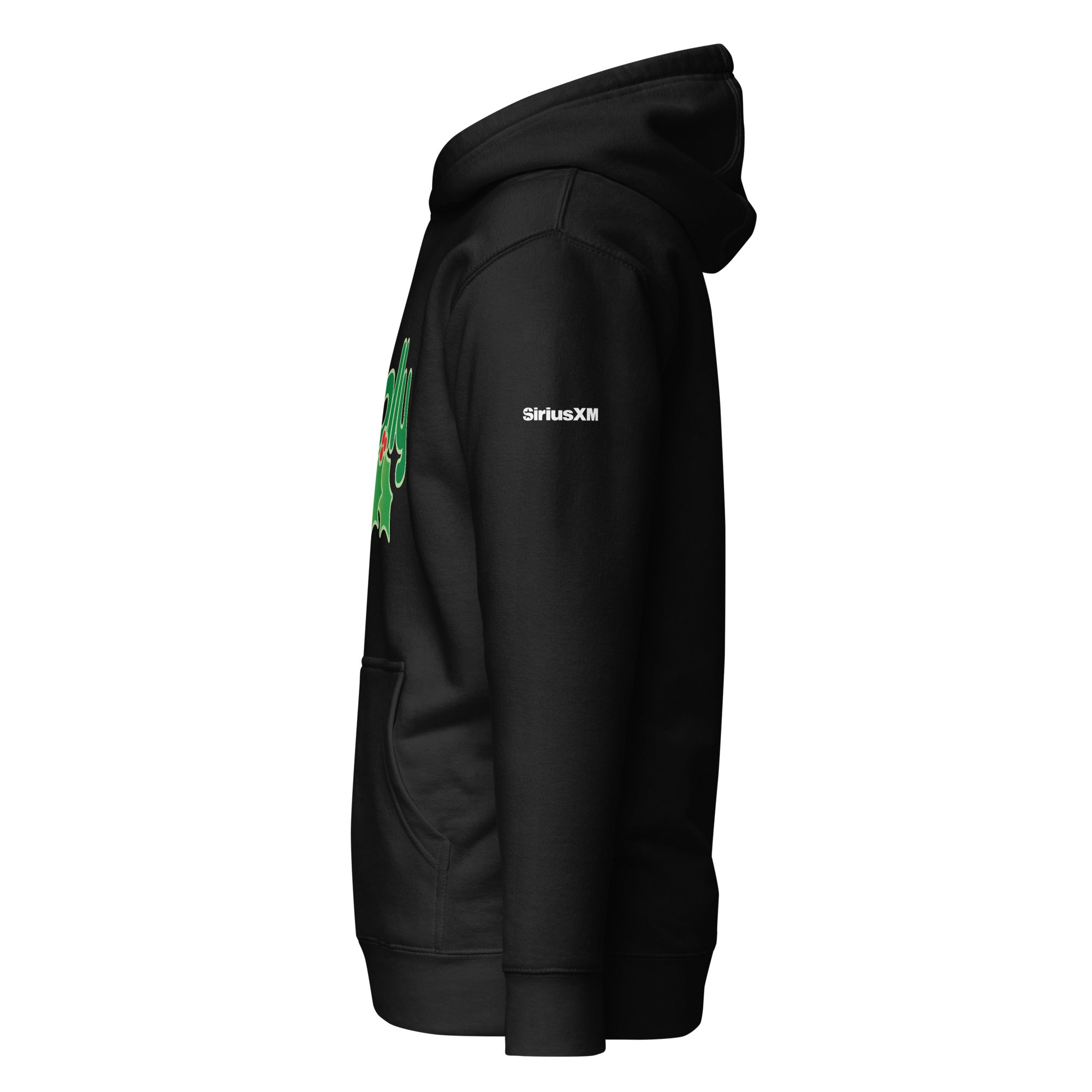 Side view of black hoodie with a pouch pocket with the 'SiriusXM' logo on the sleeve.