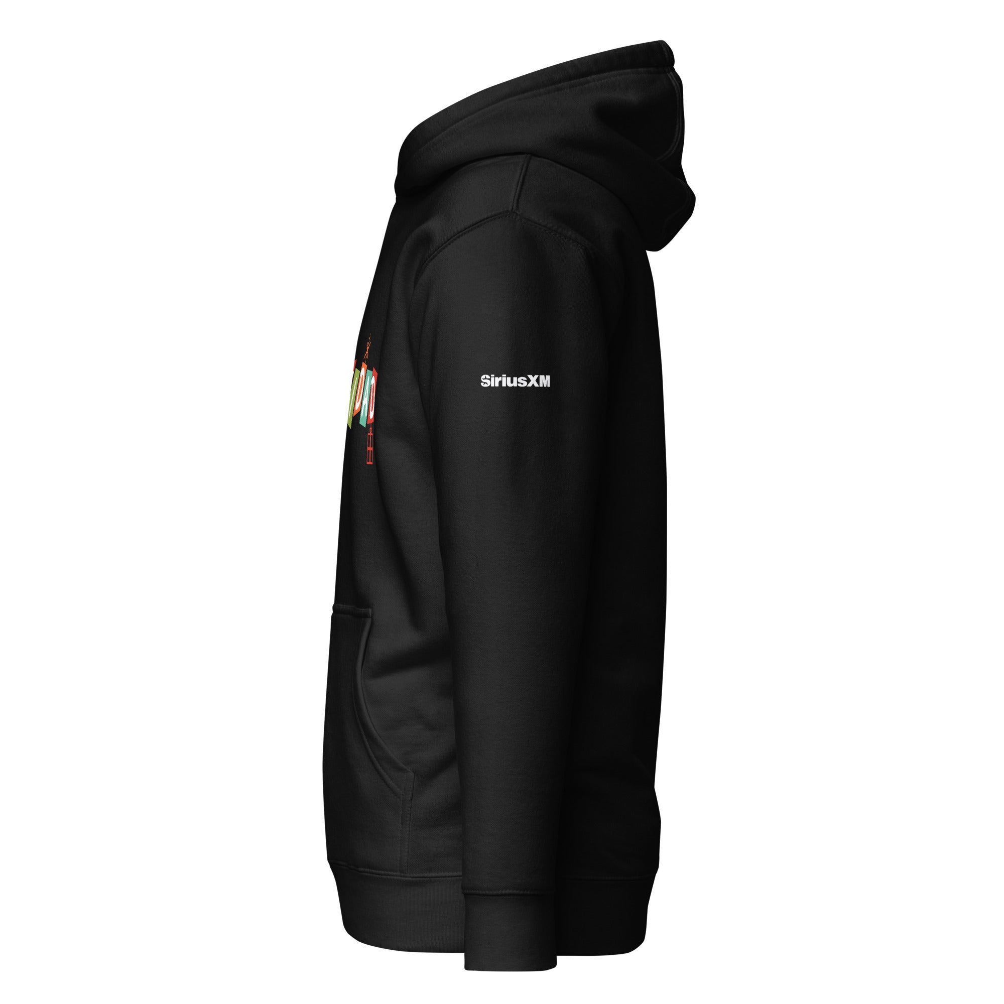 Side view of black hoodie with a pouch pocket with the 'SiriusXM' logo on the sleeve.