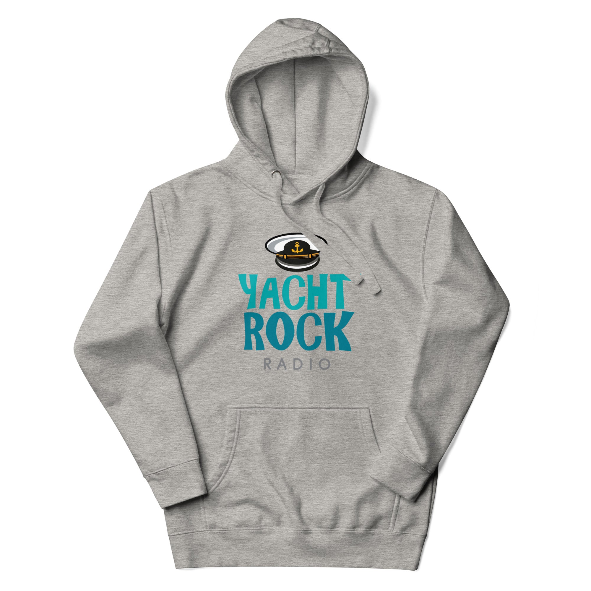 Gray hoodie with 'Yacht Rock Radio' logo in teal and a captain's hat graphic.