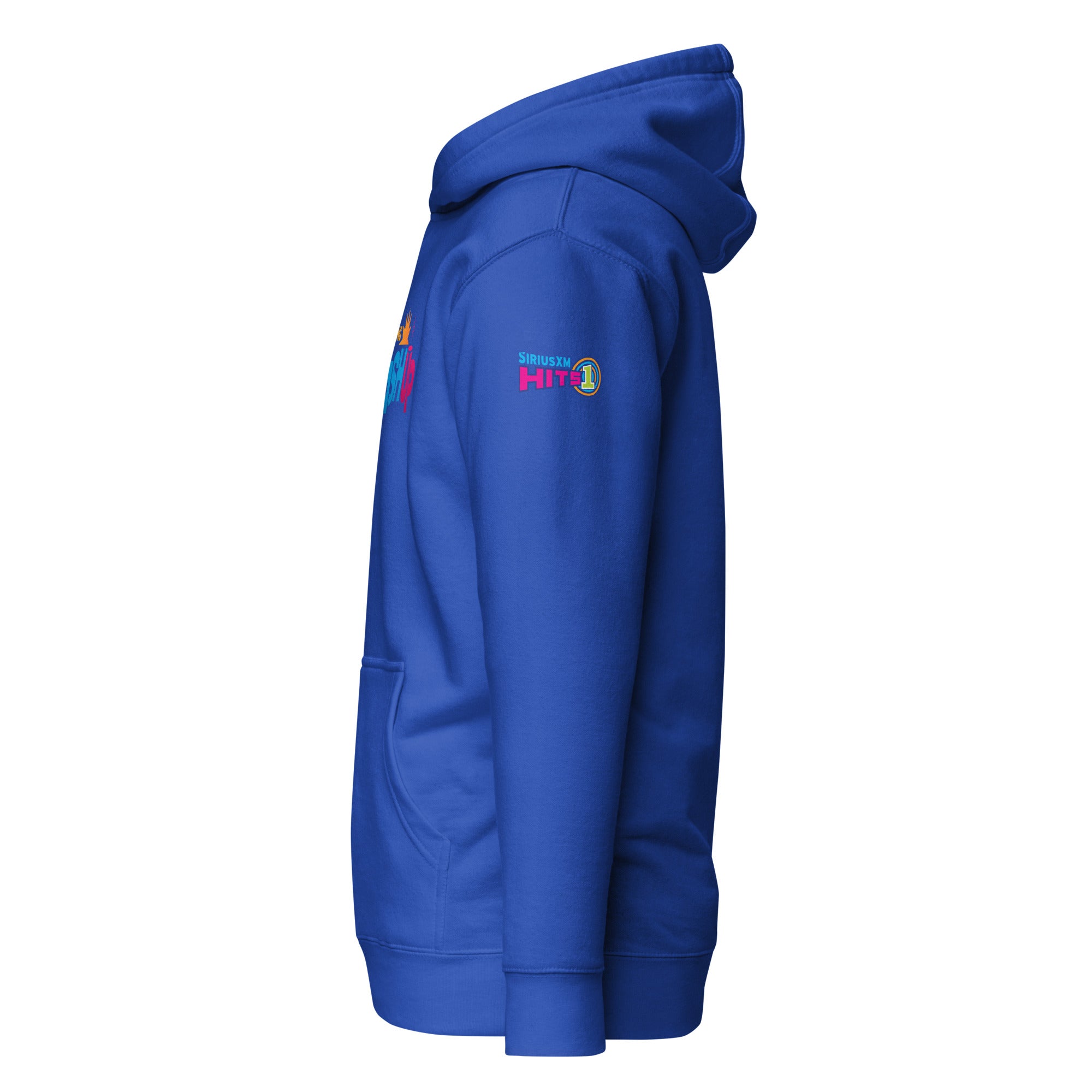 Blue hoodie with multi-colored 'THE MORNING MASH UP' logo in yellow, orange, light blue, and pink on the left sleeve.